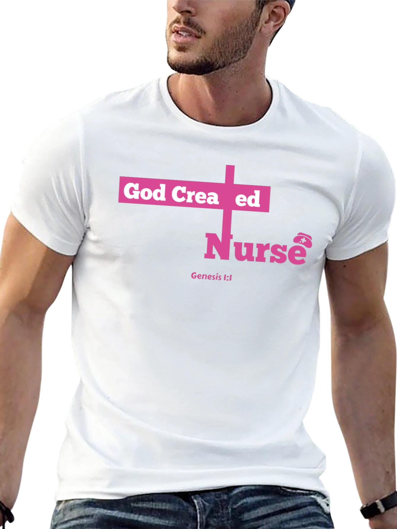 God Created Nurse T-Shirt - Pink Cross Design