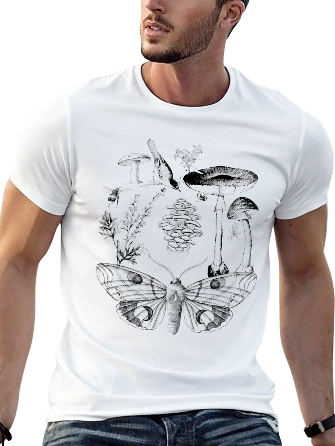 Botanical Moth Print Black T-Shirt