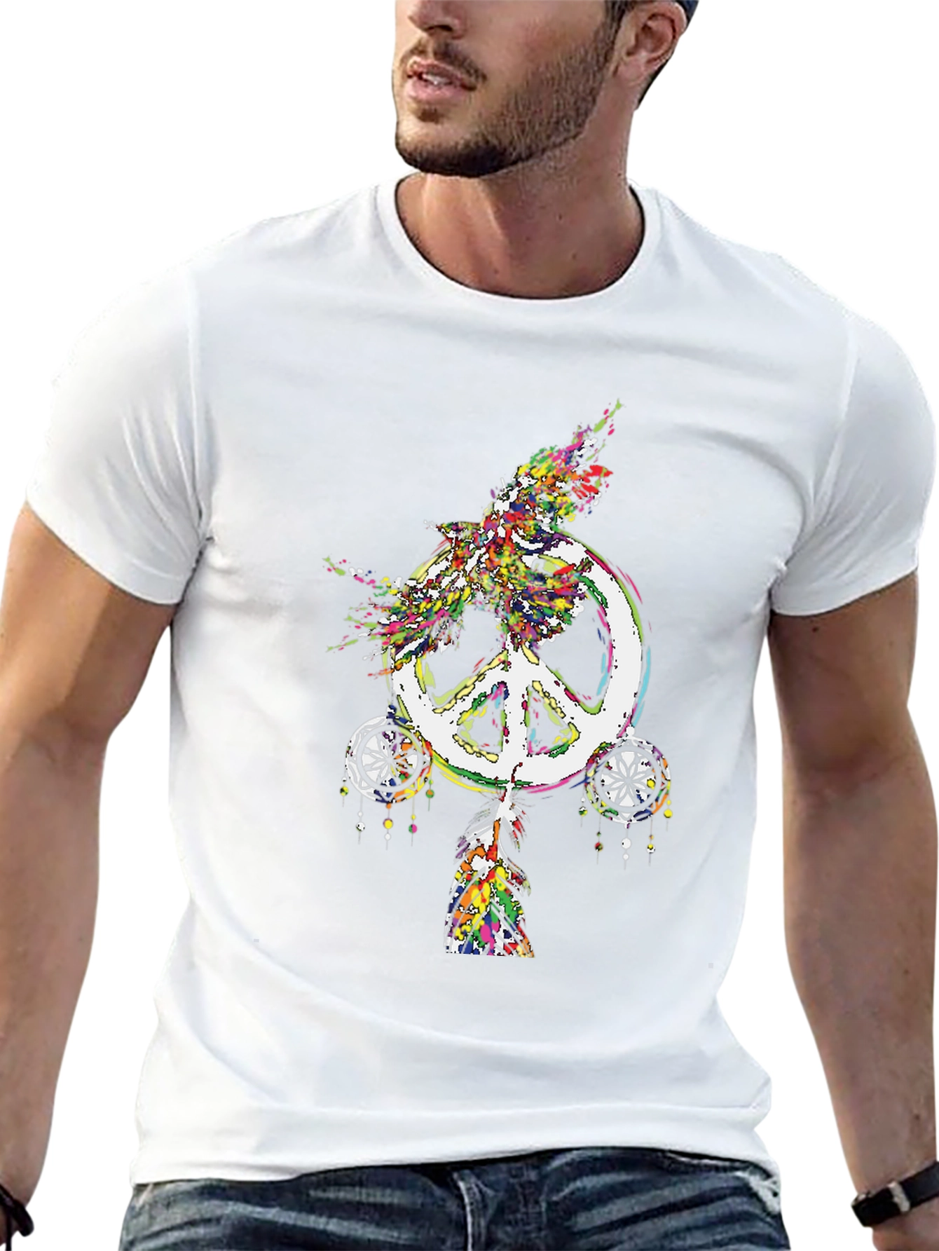Peace Sign Feather Graphic Tee - Black