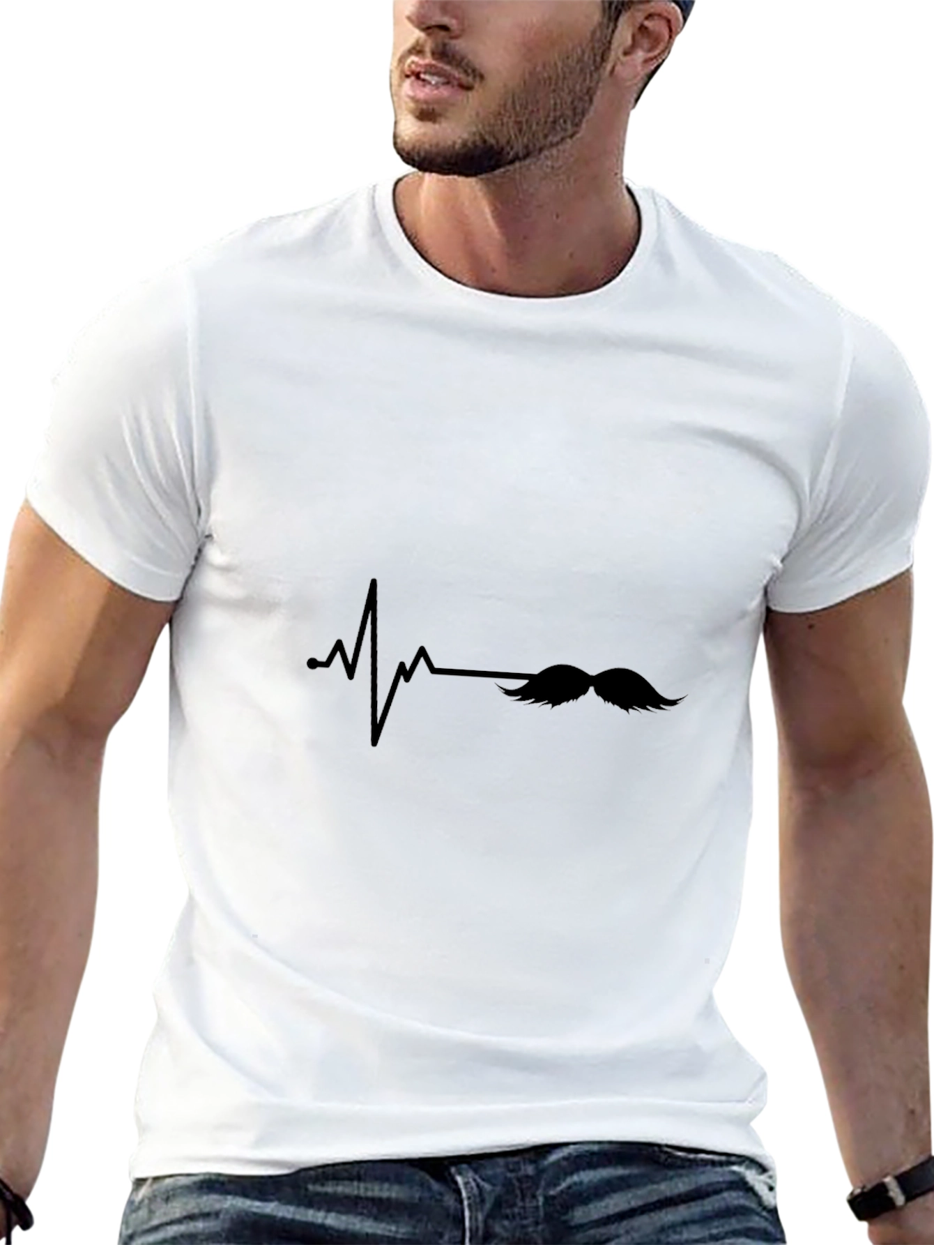 Mustache Heartbeat Graphic Tee - Black Casual T-Shirt