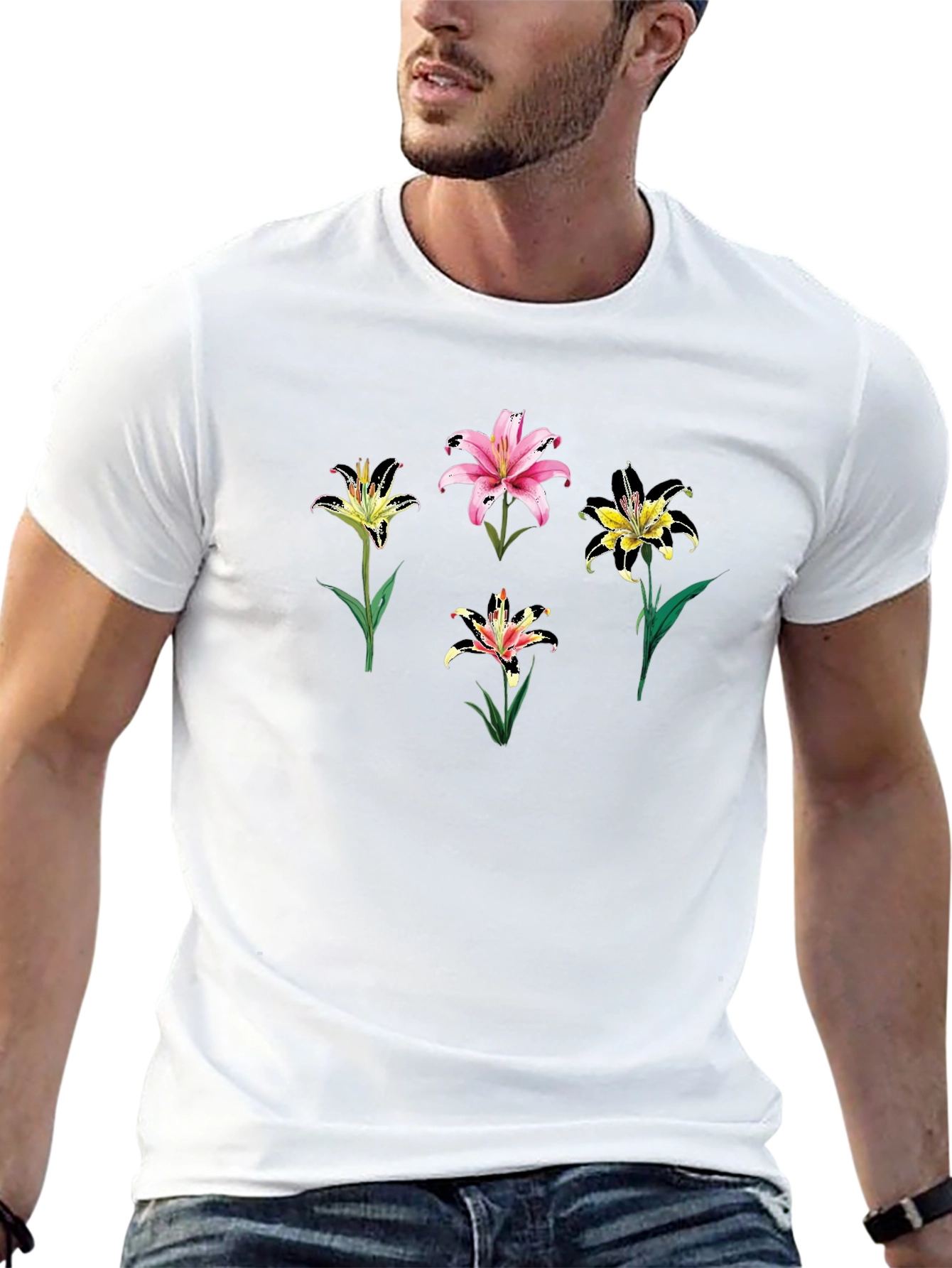 Floral Lily Print Black T-Shirt