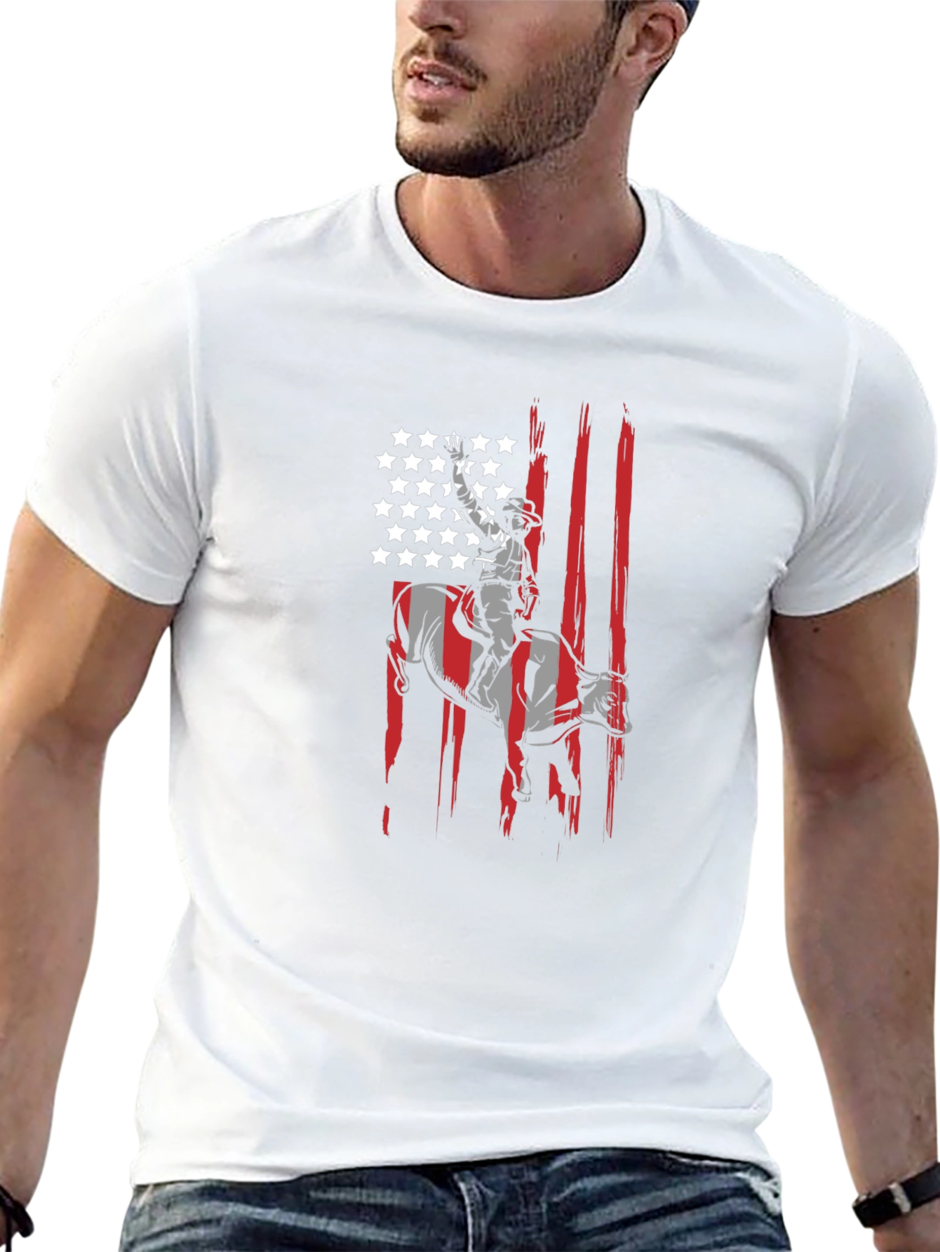 Cowboy Bull Rider USA Flag Graphic T-Shirt