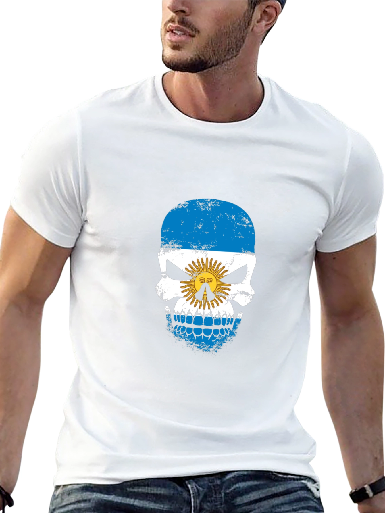 Argentina Flag Skull Graphic Print Black T-Shirt