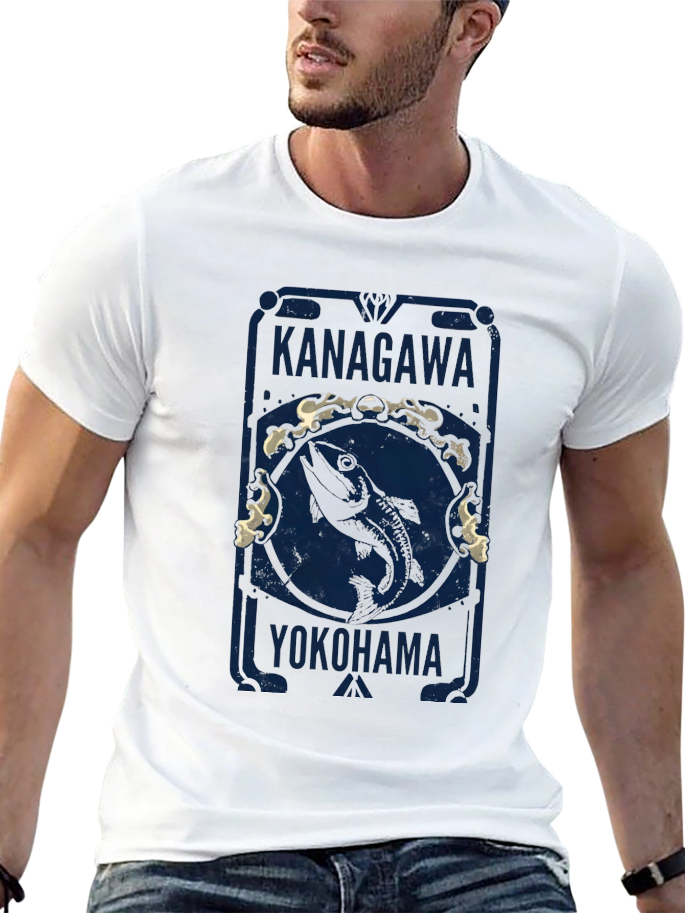 Kanagawa Yokohama Fish Graphic Tee - Black Cotton T-Shirt