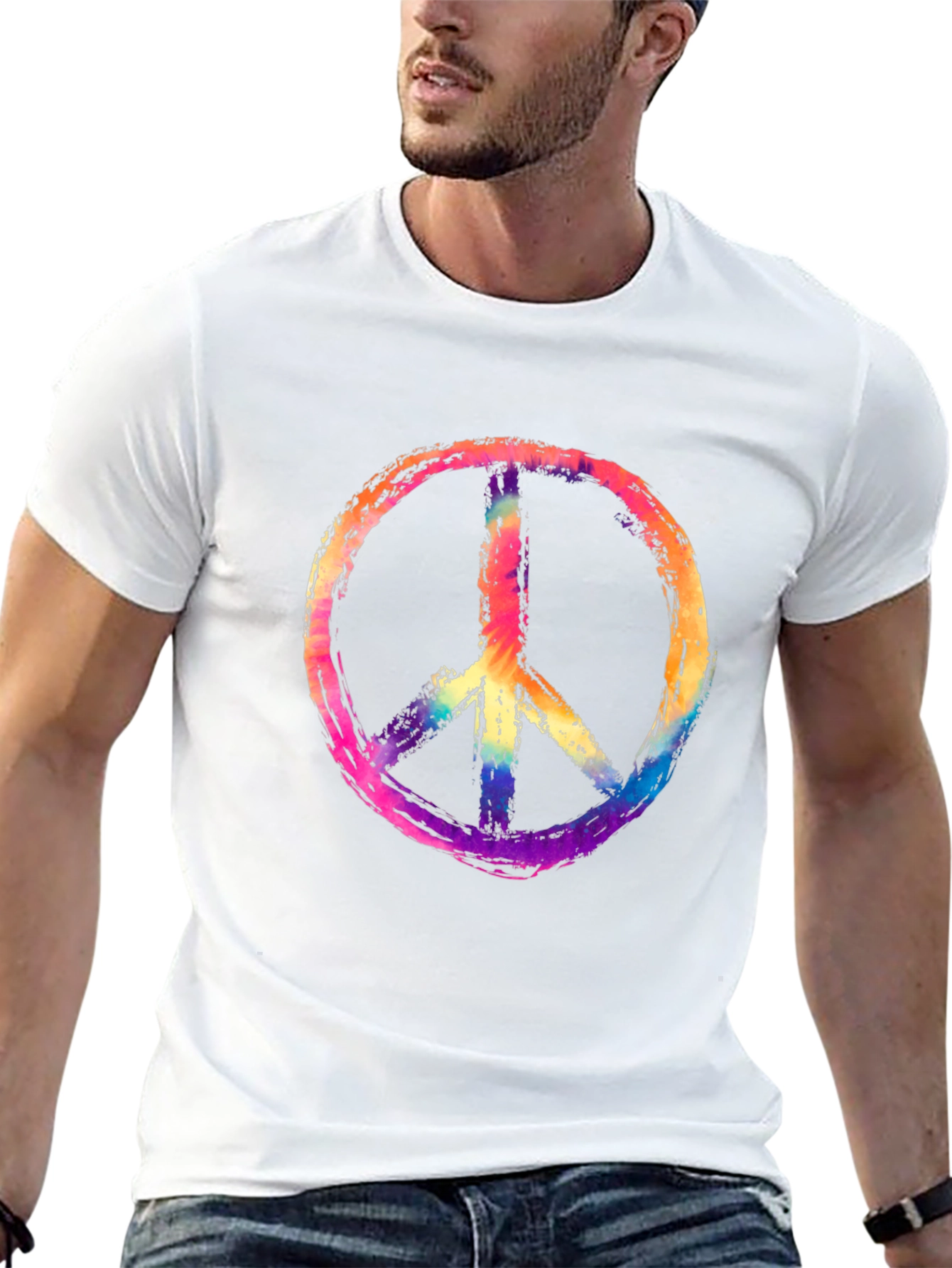 Peace Sign Graphic Tee - Rainbow Tie-Dye Design