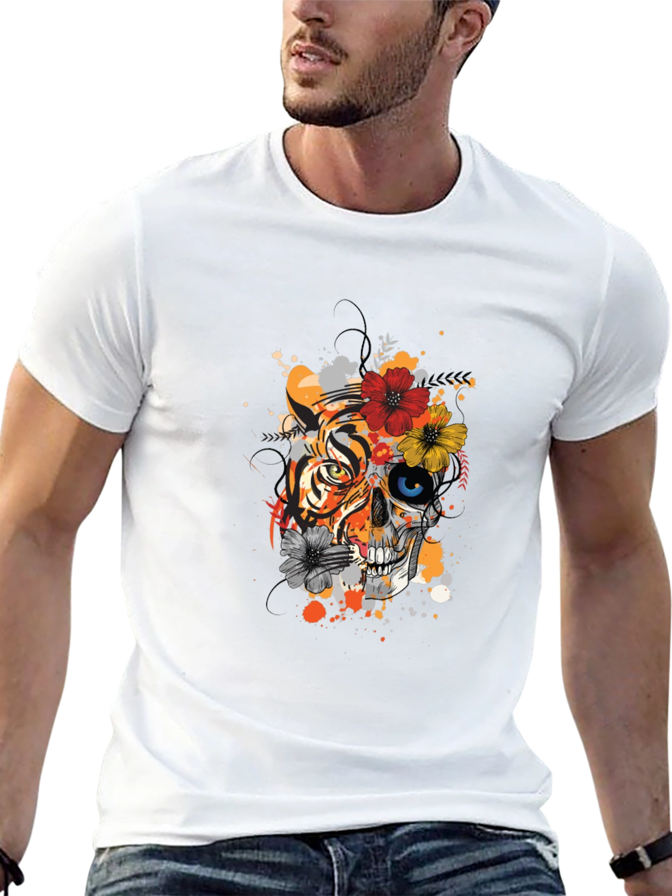 Tiger Skull Floral Graphic Print Tee