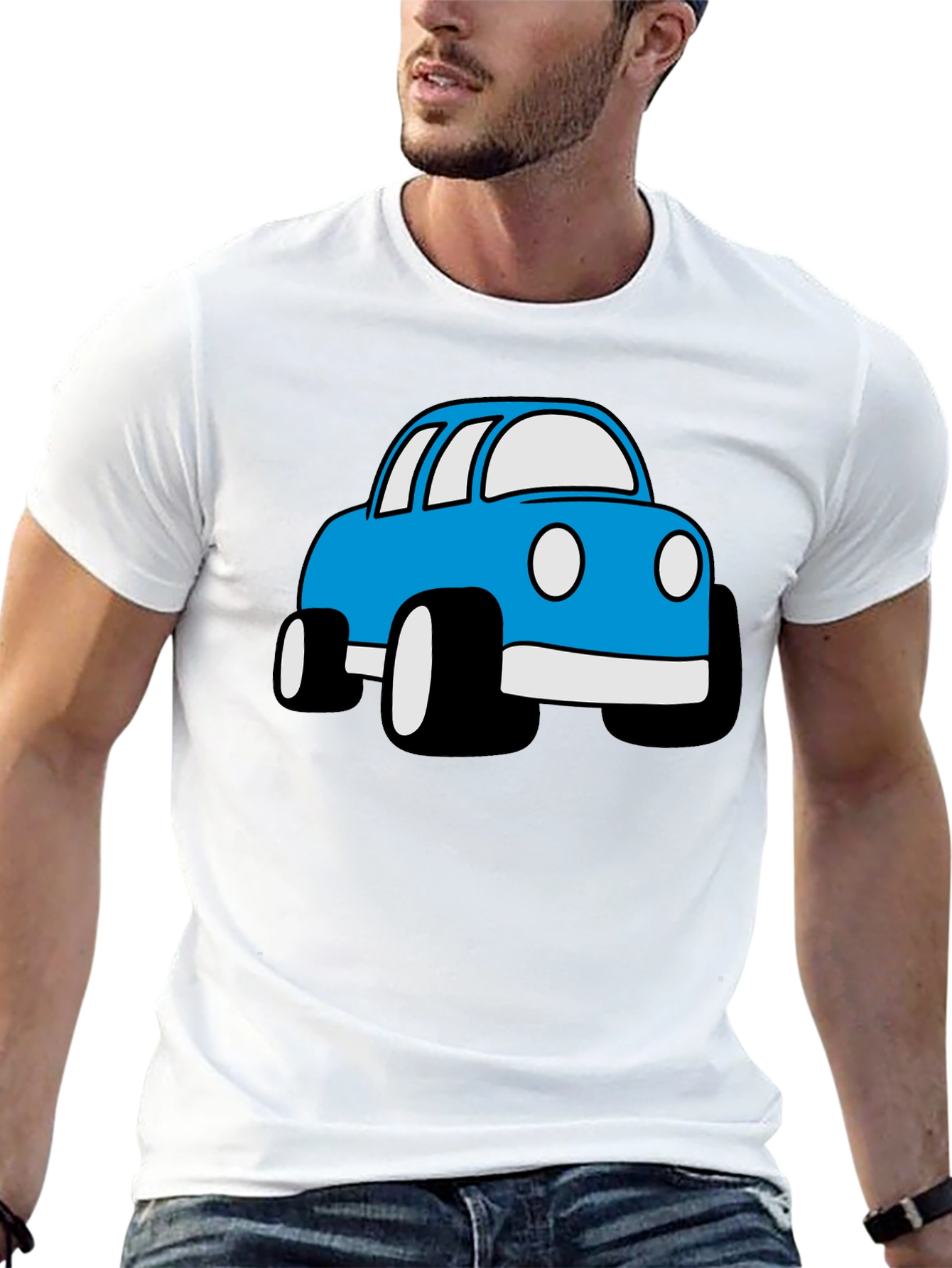 Blue Cartoon Car Graphic Black T-Shirt