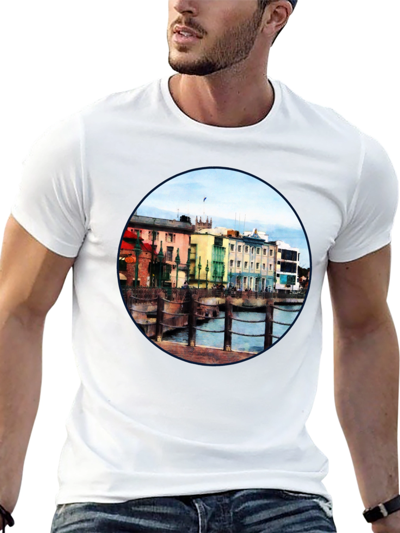 Scenic Waterfront Town Black T-Shirt