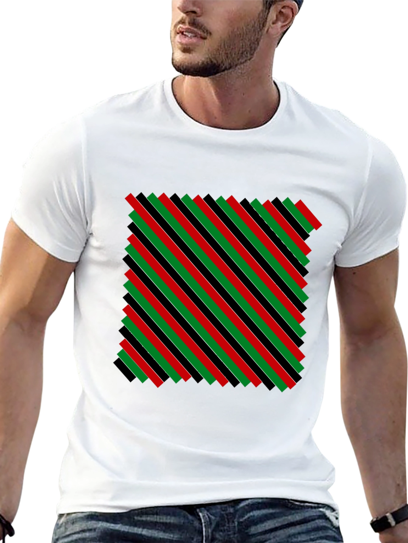 Striped Pattern Graphic Tee - Red Green & Black