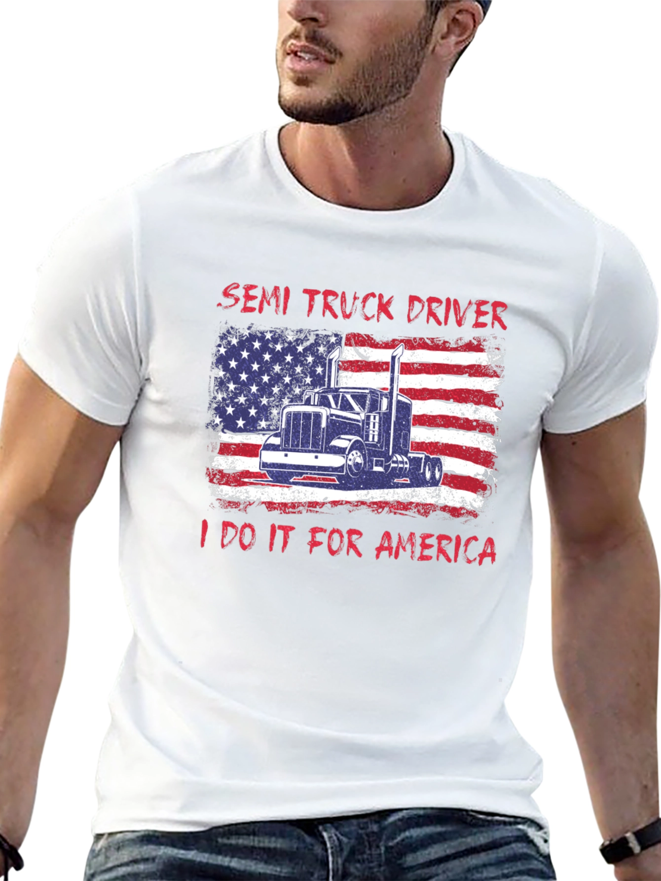 Semi Truck Driver Patriotic USA Flag Graphic T-Shirt