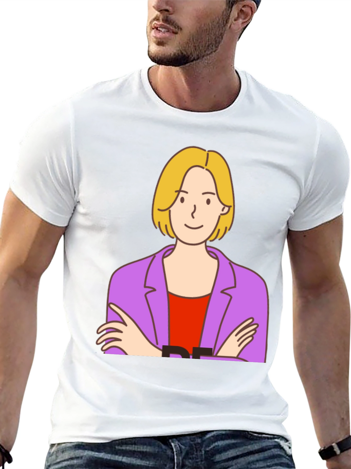 Cartoon Woman Graphic Tee - Black Cotton T-Shirt