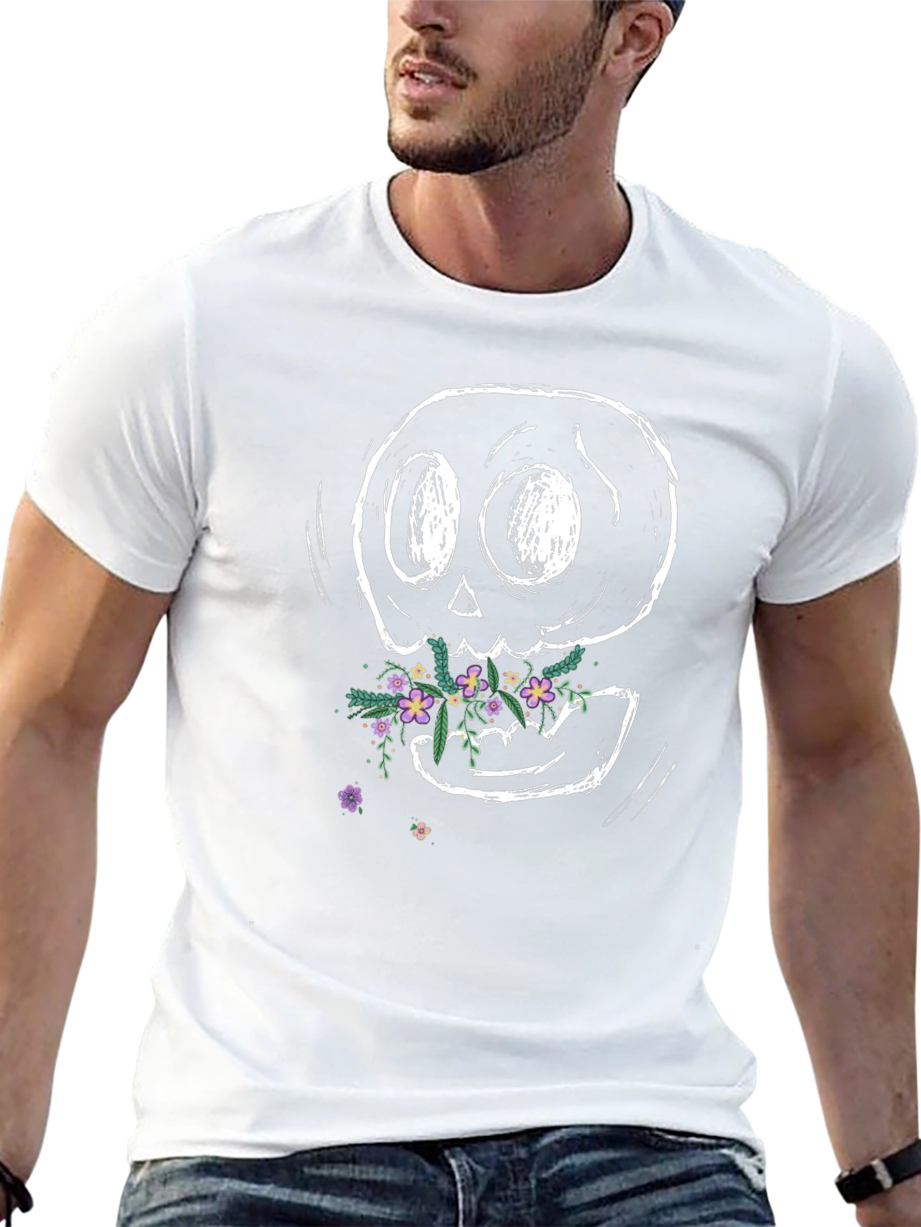 Floral Skull Graphic Tee - Black Cotton T-Shirt