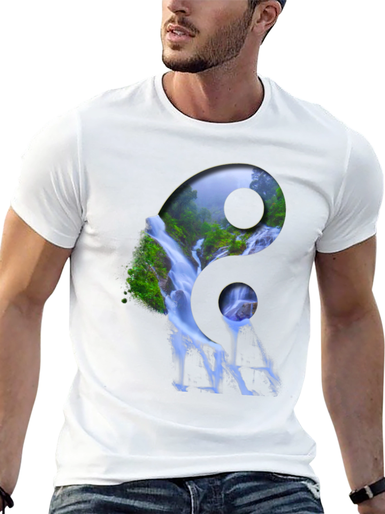 Yin Yang Waterfall Graphic Tee - Nature Inspired Design