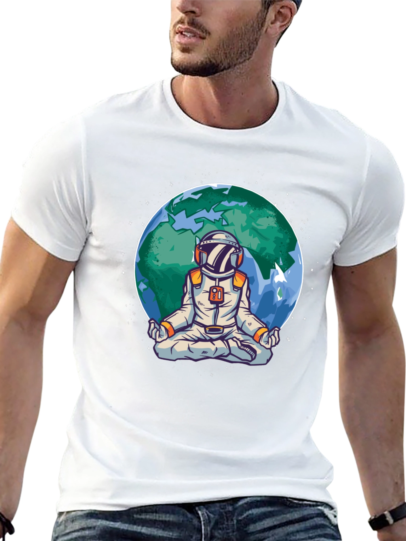 Meditating Astronaut Earth Graphic T-Shirt