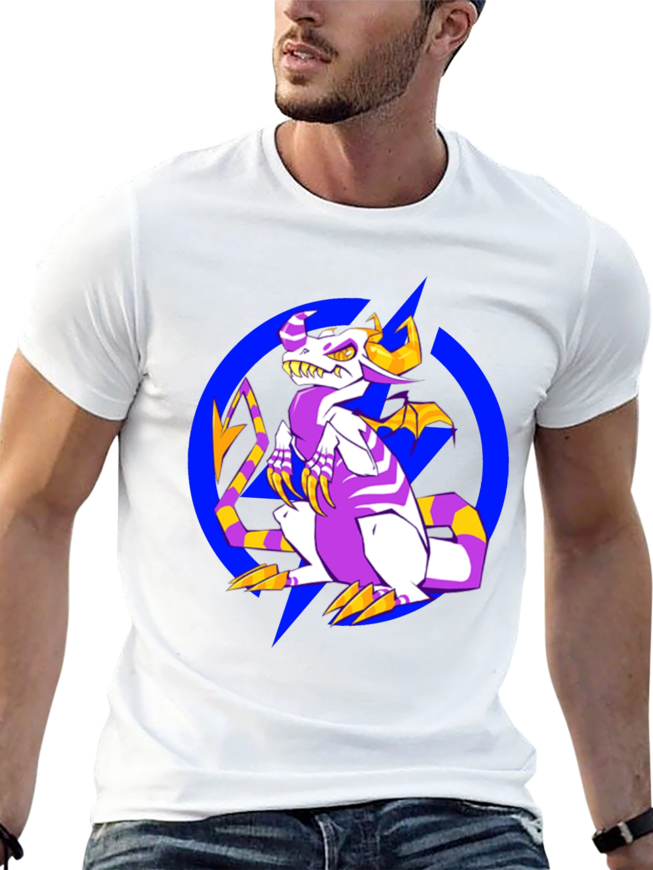 Cartoon Dragon Graphic Tee - Black Crew Neck Shirt