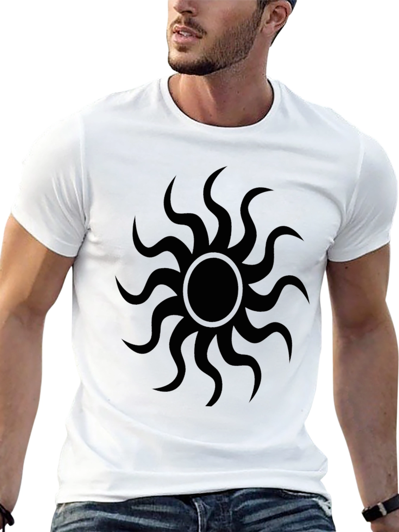 Black Graphic Tee - Sunburst Design Casual Wear