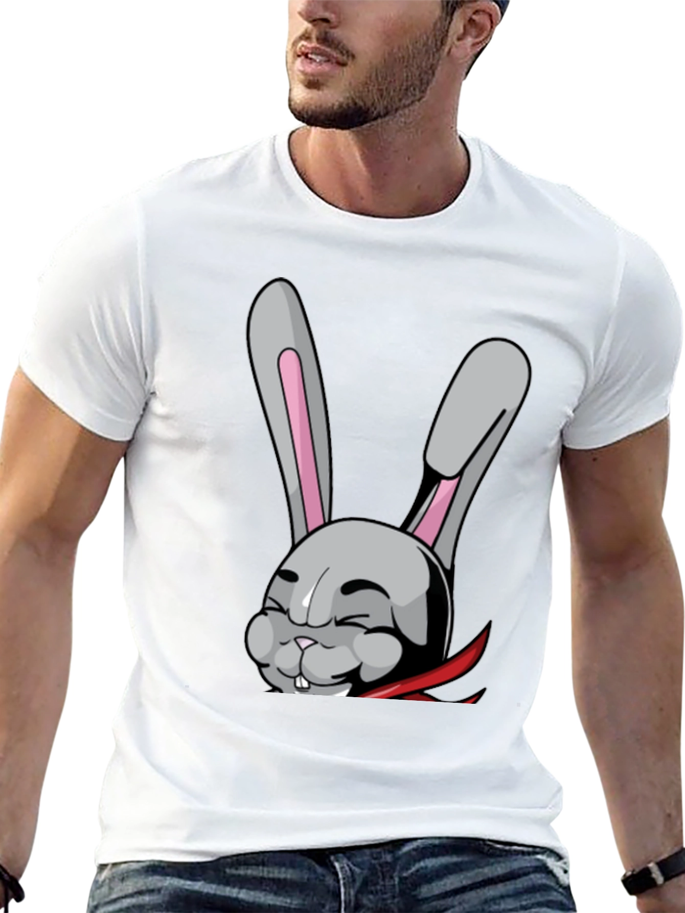 Black T-Shirt with Funny Cartoon Rabbit Design