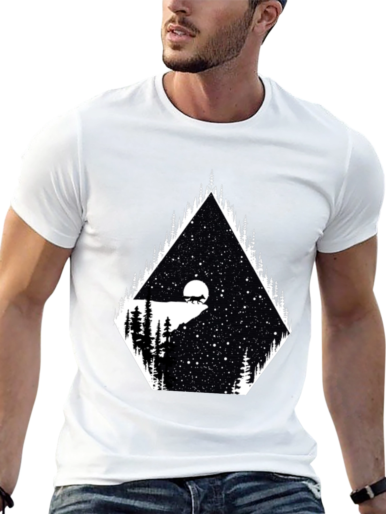 Mens Graphic Tee - Wolf Moon Stargazing Design