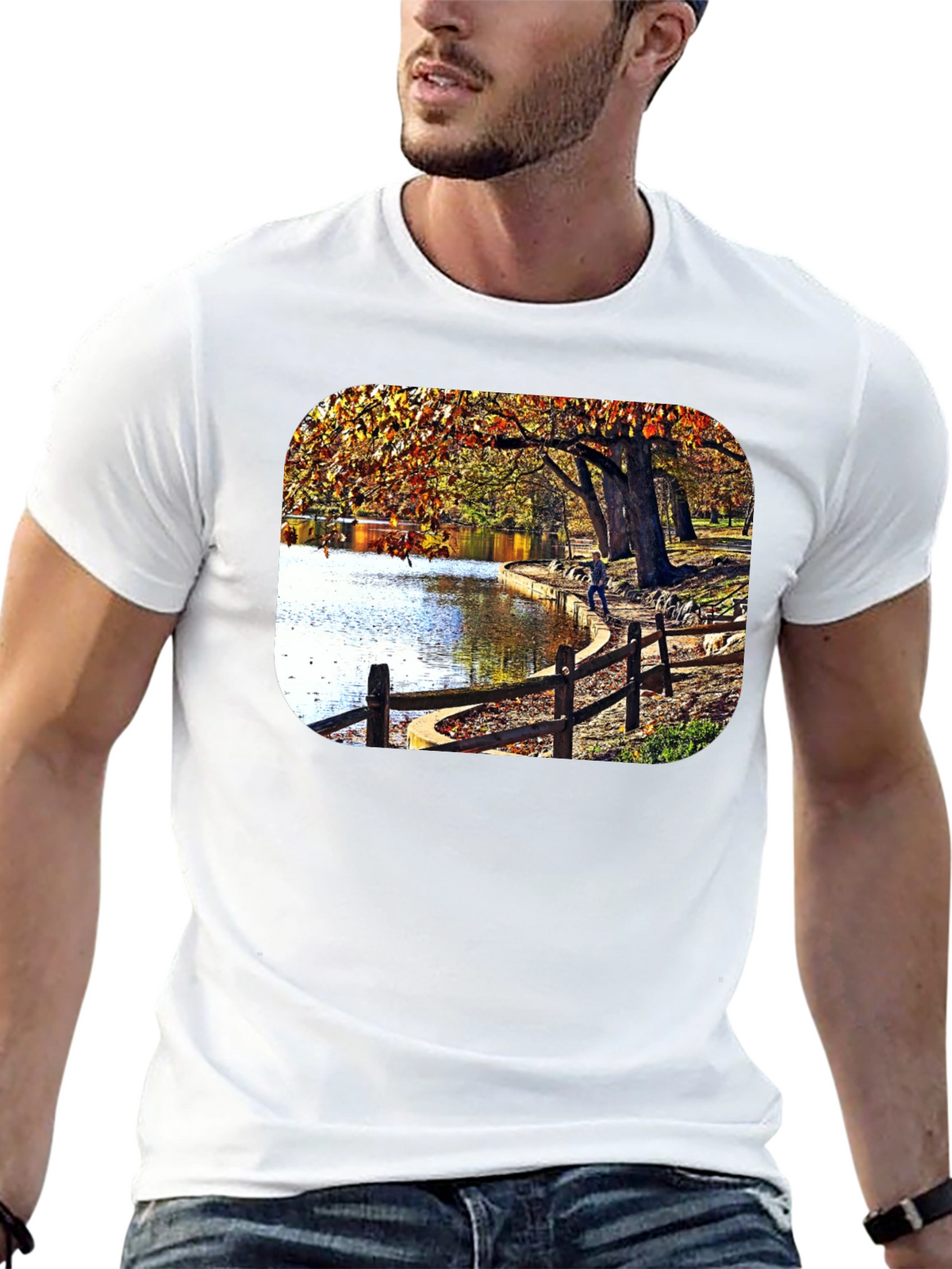 Lakeside Autumn Scene Graphic Tee