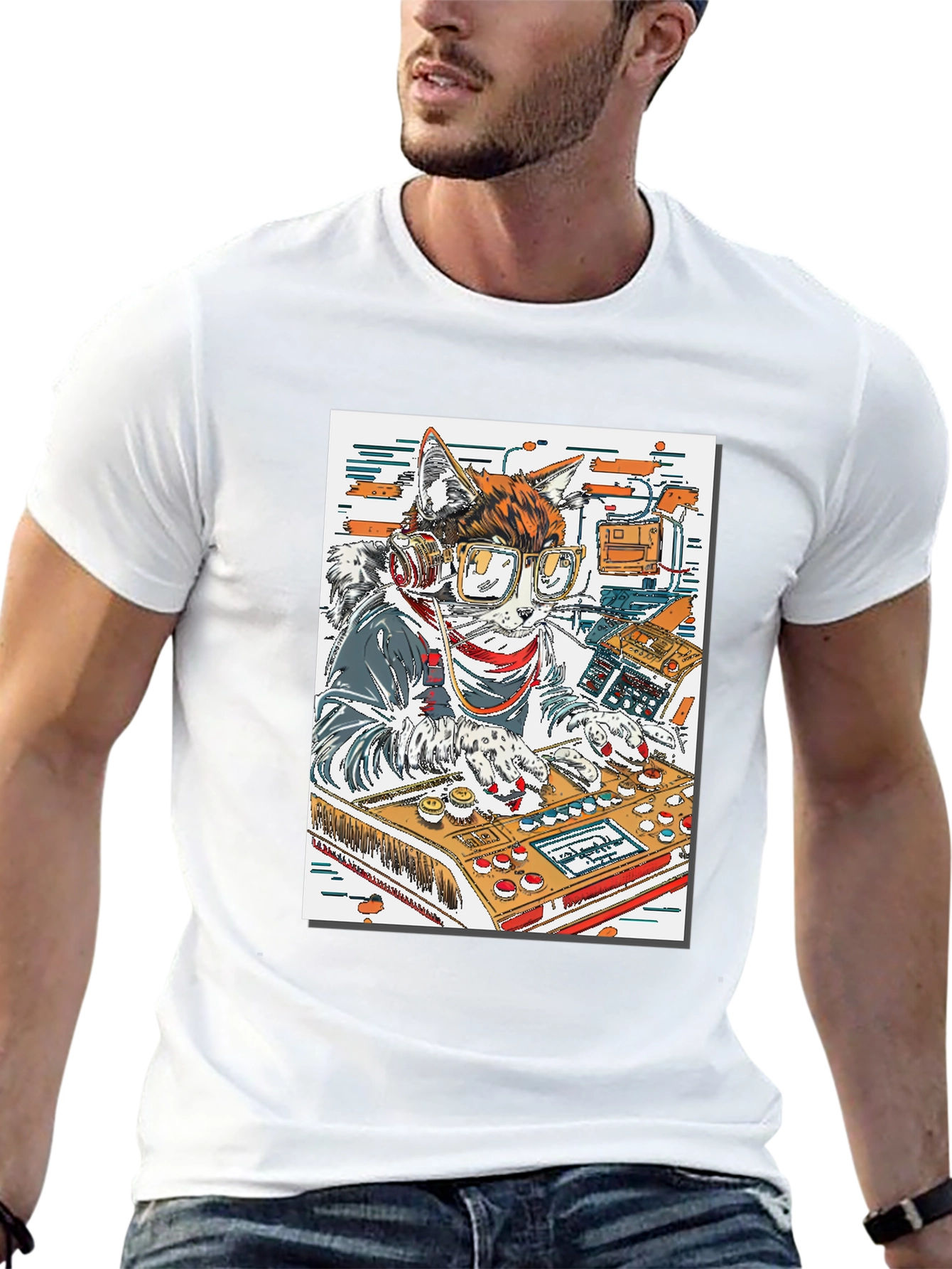 DJ Cat Graphic Tee - Black Cotton T-Shirt