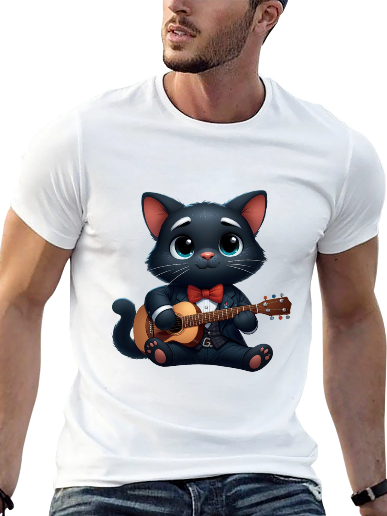 Cat Playing Guitar T-Shirt - Cute Cartoon Animal Tee
