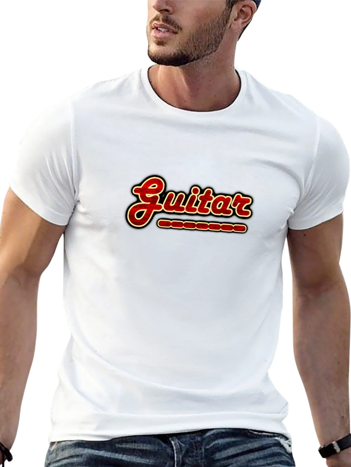 Guitar Print Crew Neck T-Shirt - Music Lover Tee