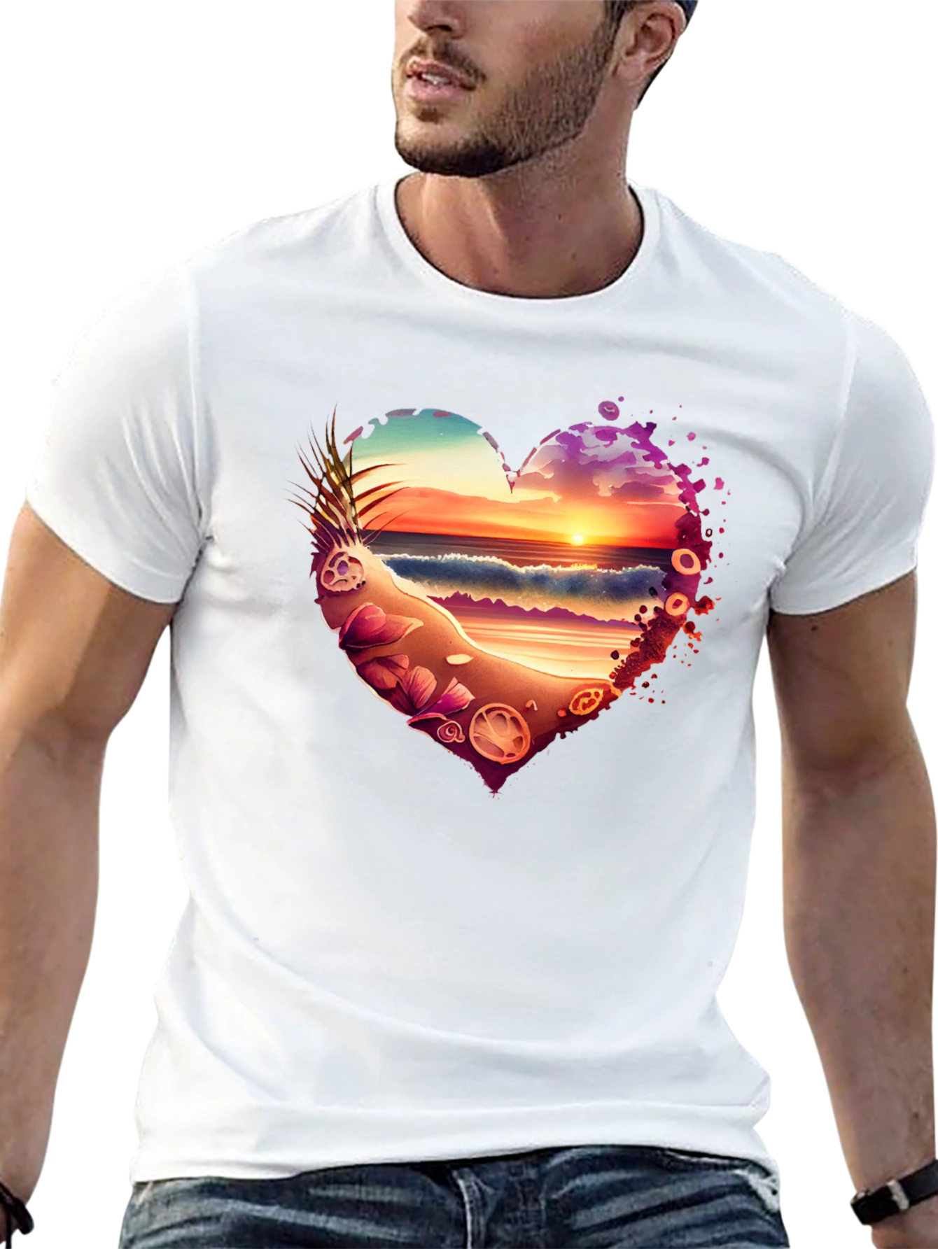 Beach Sunset Heart Graphic Black T-Shirt
