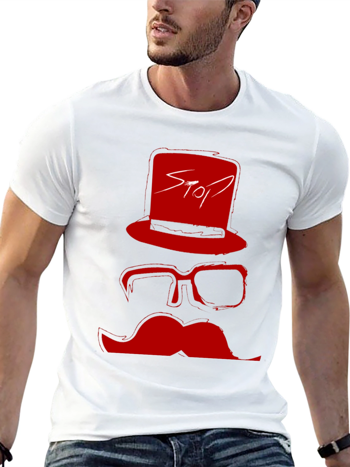 Red Stop Hat Mustache Graphic Black T-Shirt