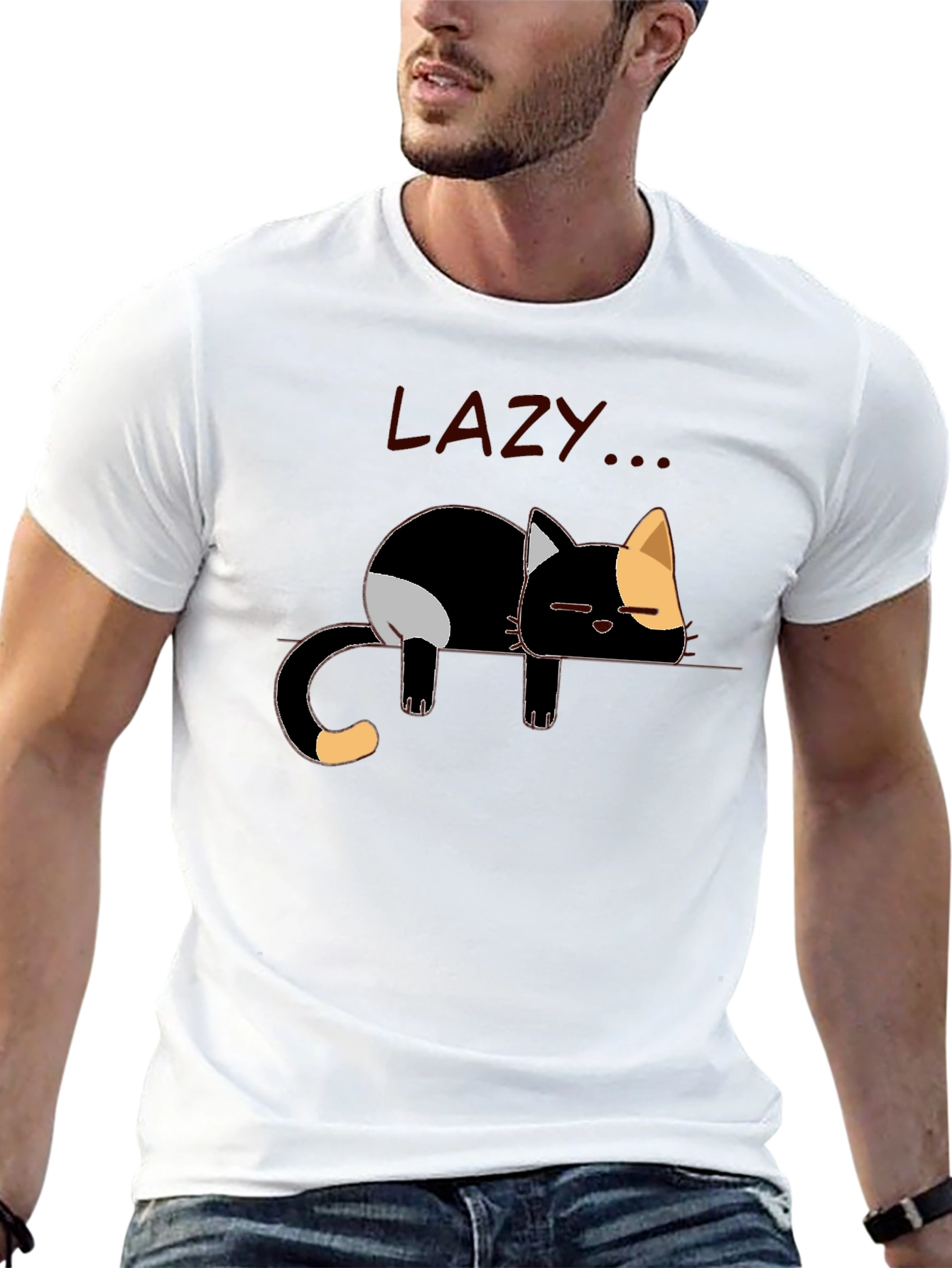 Lazy Cat Graphic Tee - Black Cotton Casual Shirt