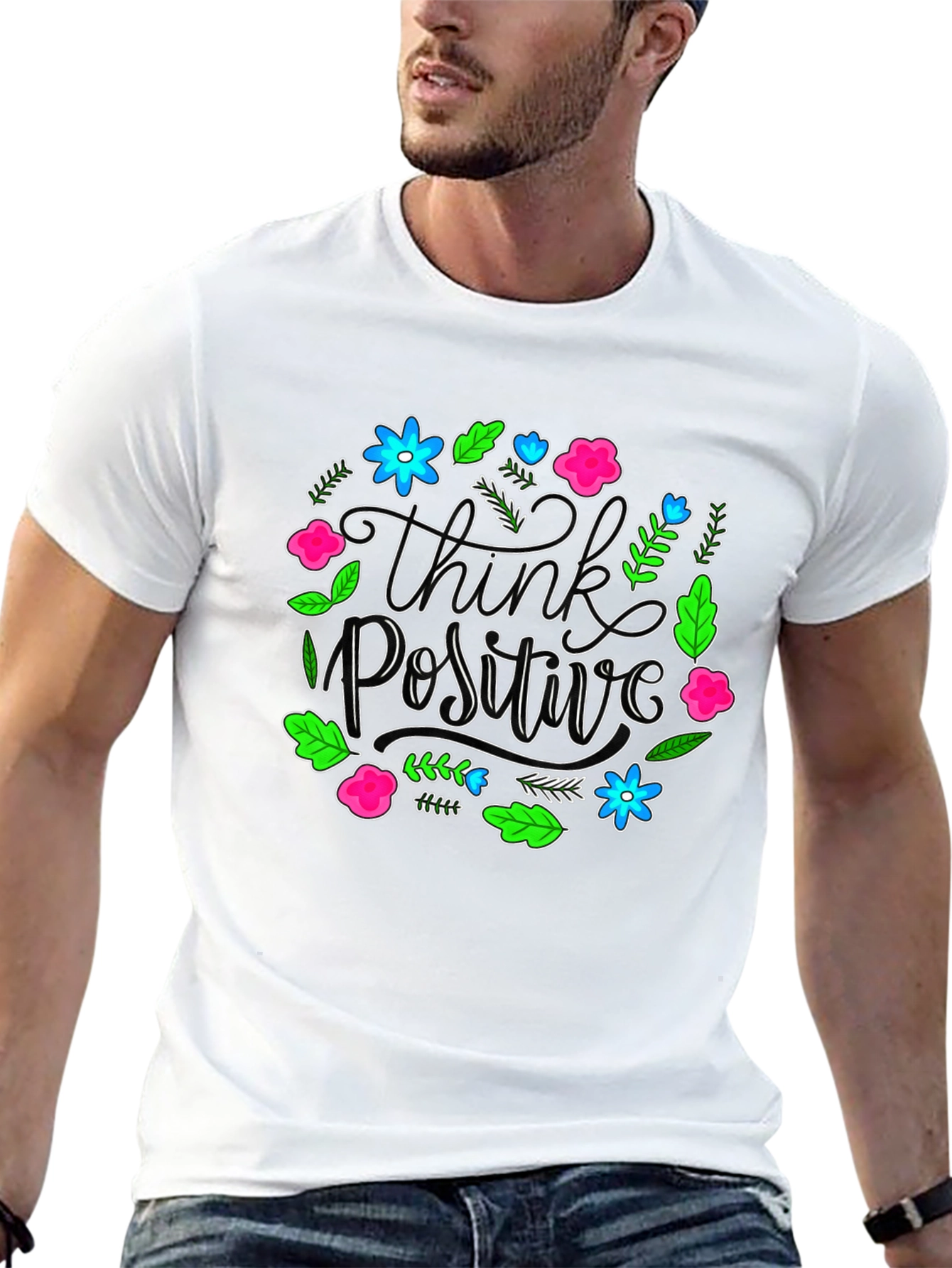 Think Positive Floral Graphic Black T-Shirt