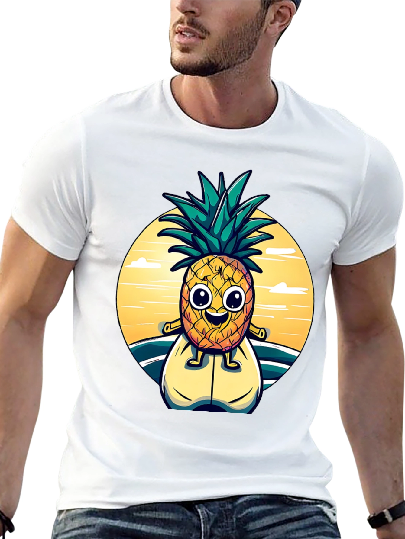 Surfing Pineapple Graphic Tee - Black Cotton T-Shirt