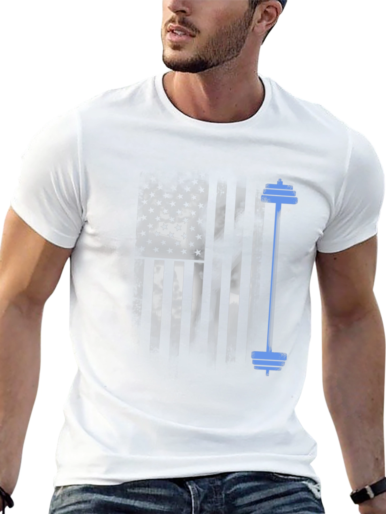 Patriotic Fitness T-Shirt - American Flag Barbell Design
