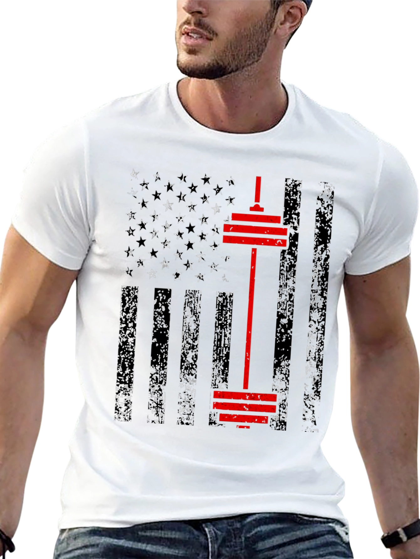 Patriotic Gym T-Shirt - American Flag Barbell Design