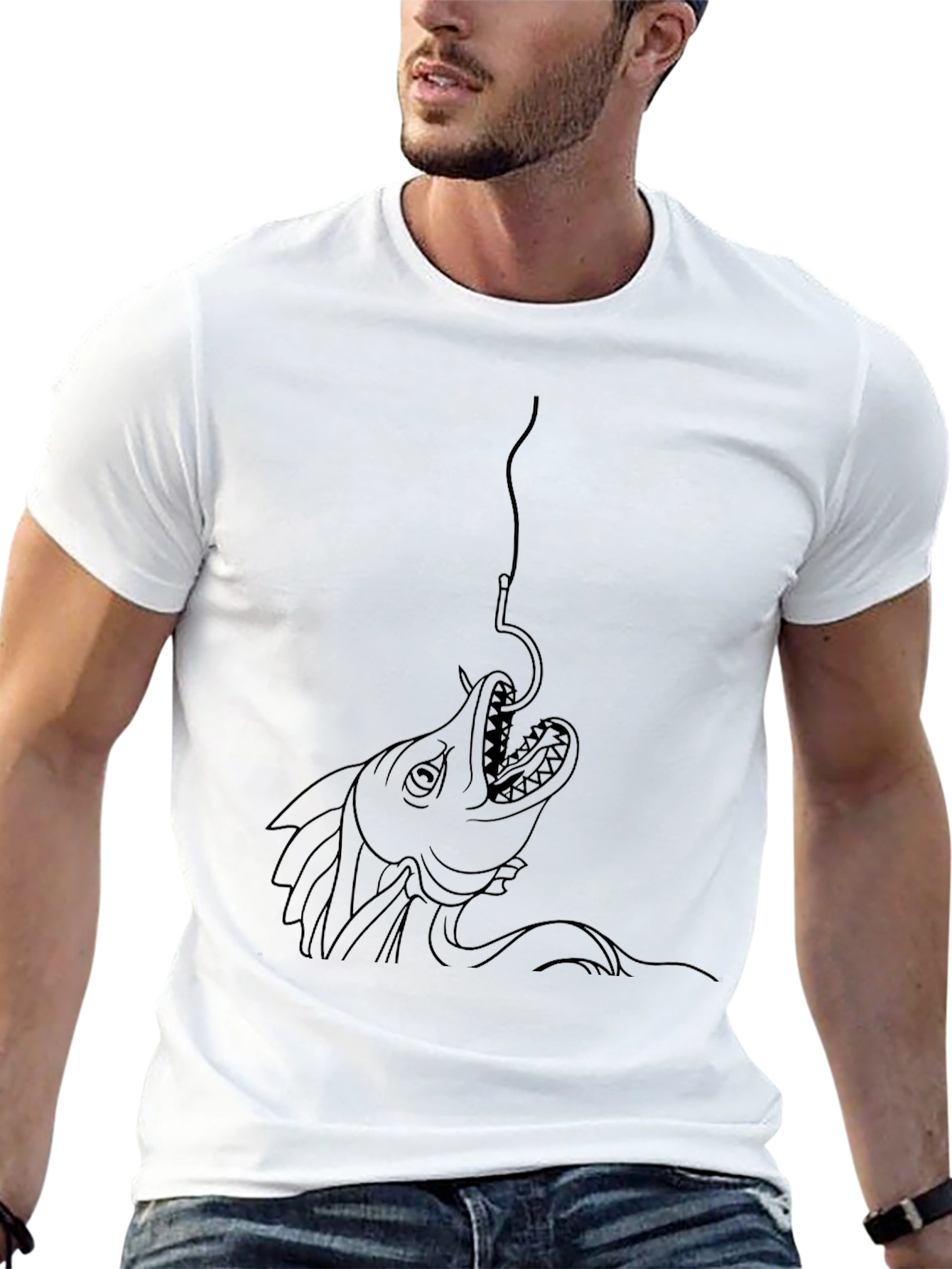 Black T-Shirt with Fish Hook Graphic Print