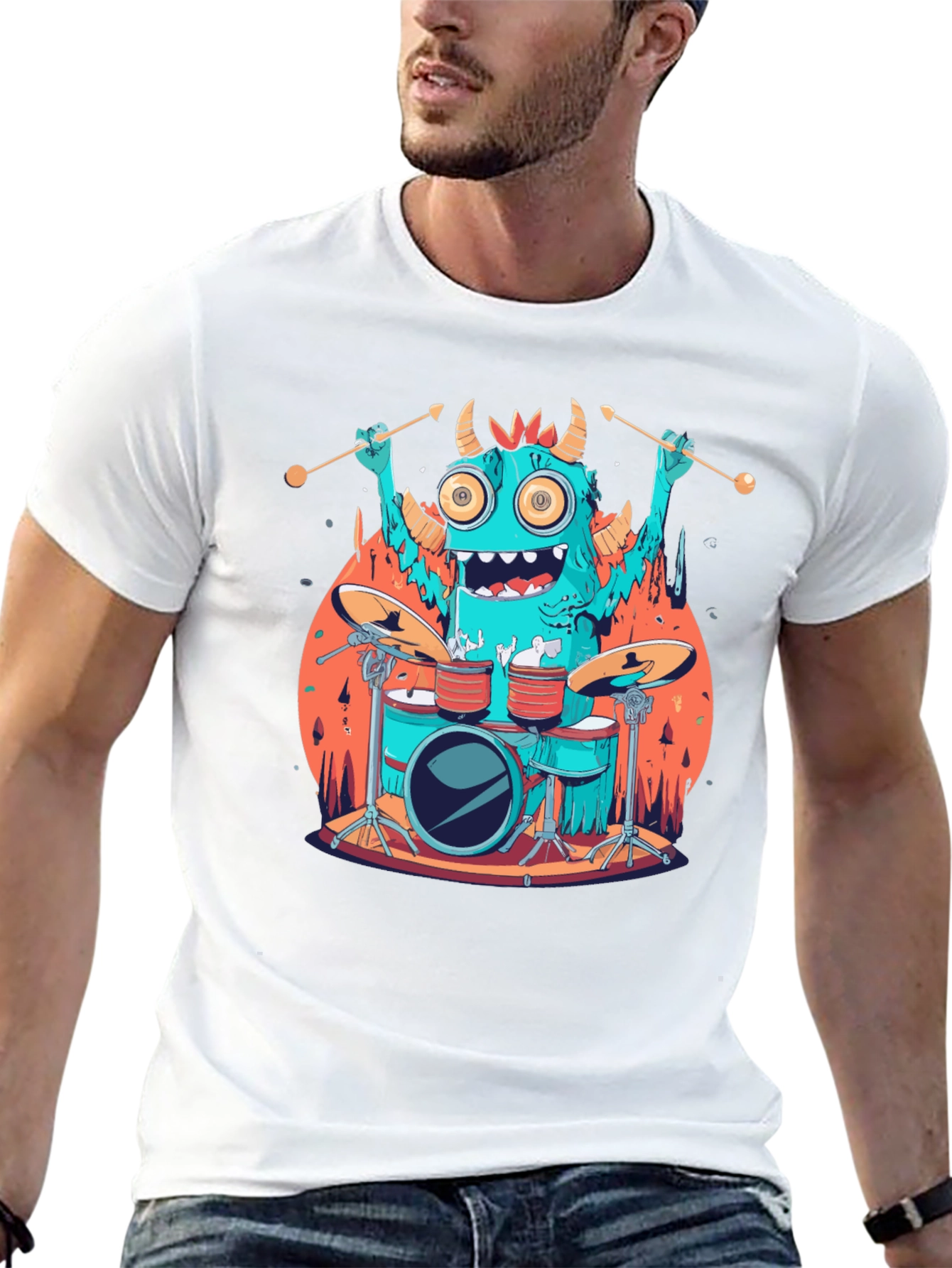 Monster Drummer Graphic Tee - Black Cotton T-Shirt
