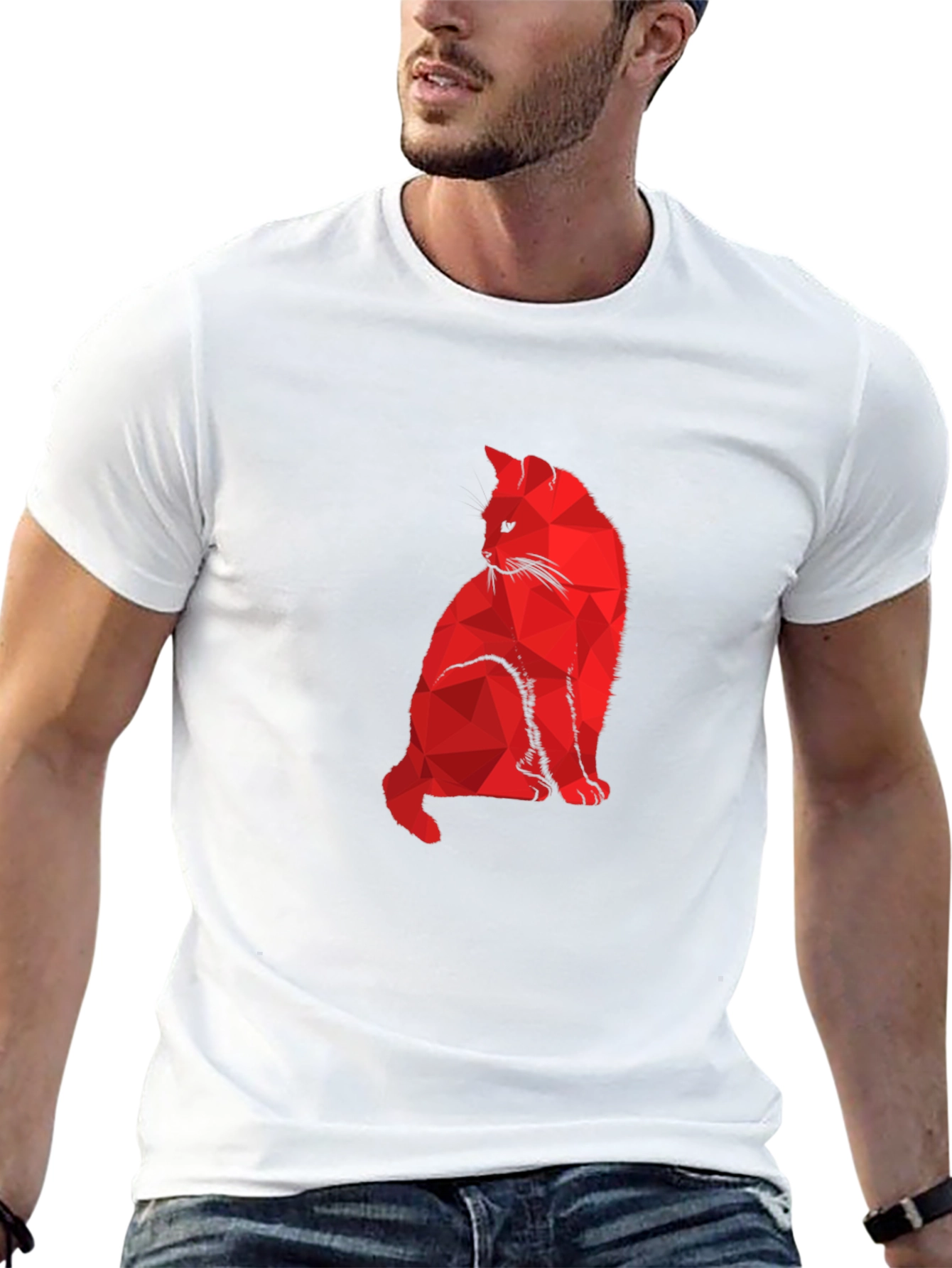 Geometric Red Cat Black T-Shirt