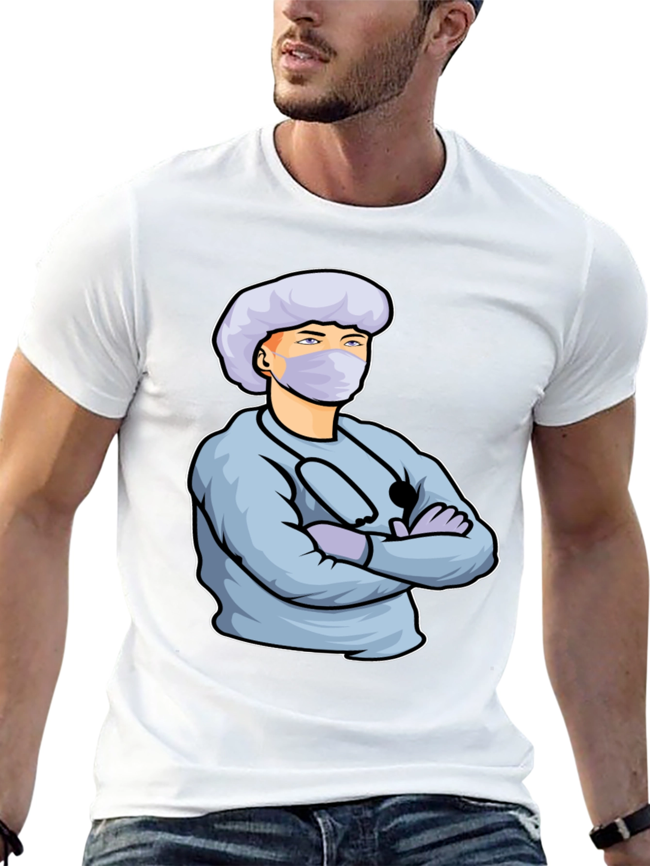 Cartoon Doctor Graphic Print Black T-Shirt