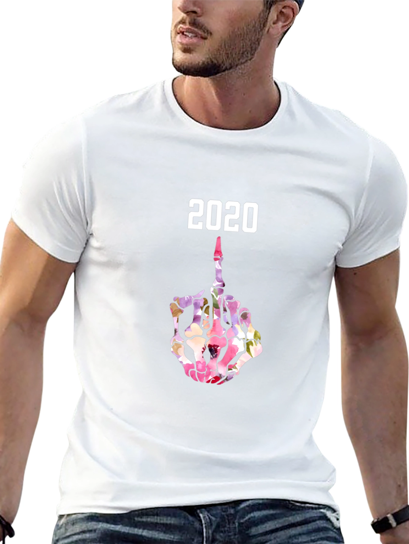 2020 Floral Skeleton Middle Finger Graphic T-Shirt