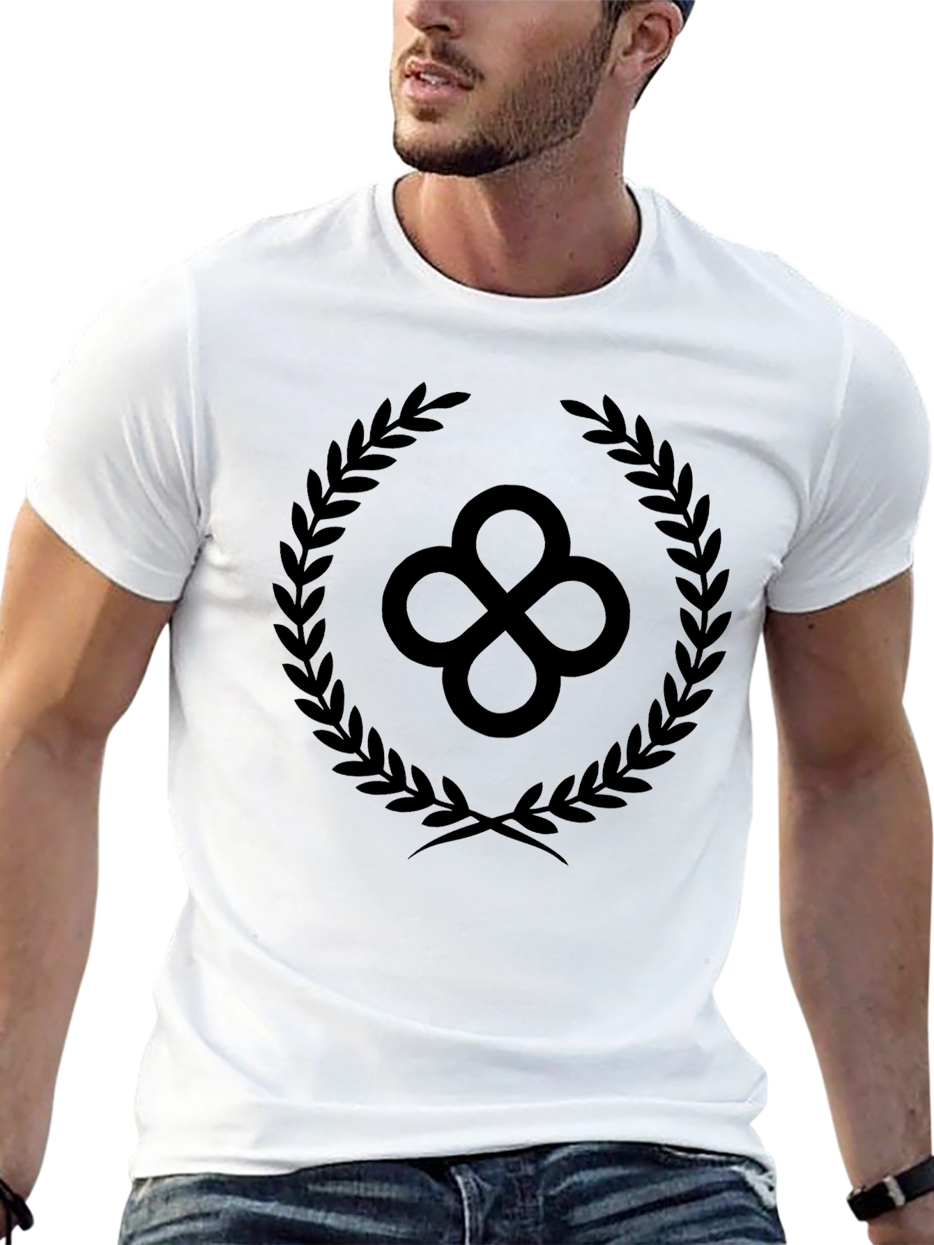 Black T-Shirt with Laurel Wreath & Clover Design