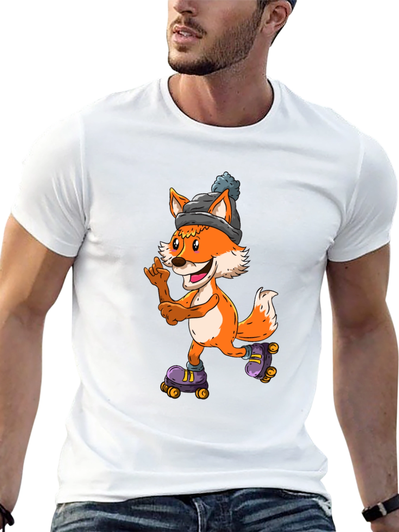 Cool Fox Roller Skating Black T-Shirt