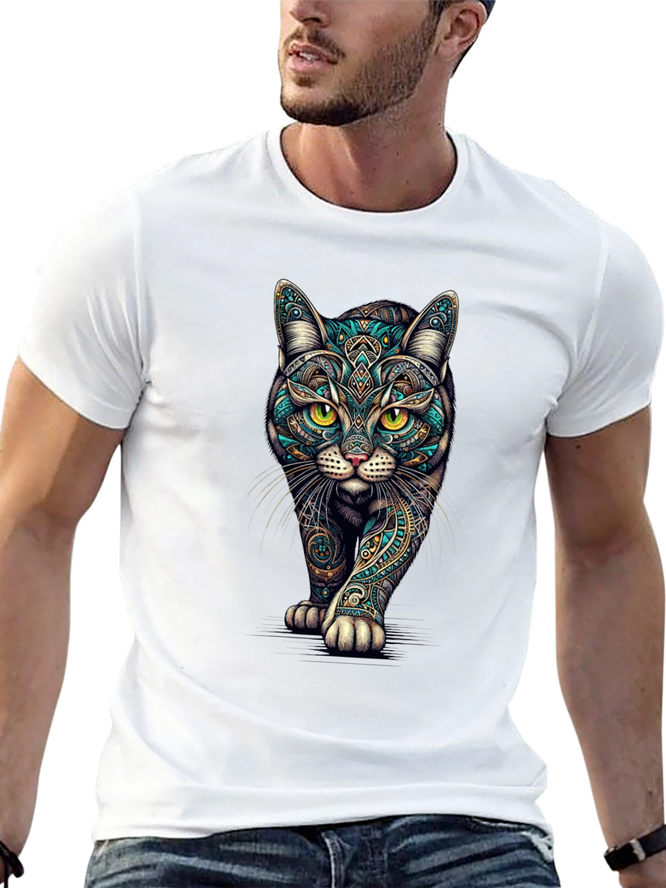Mens Black Cat Graphic Tee - Stylish Printed T-Shirt