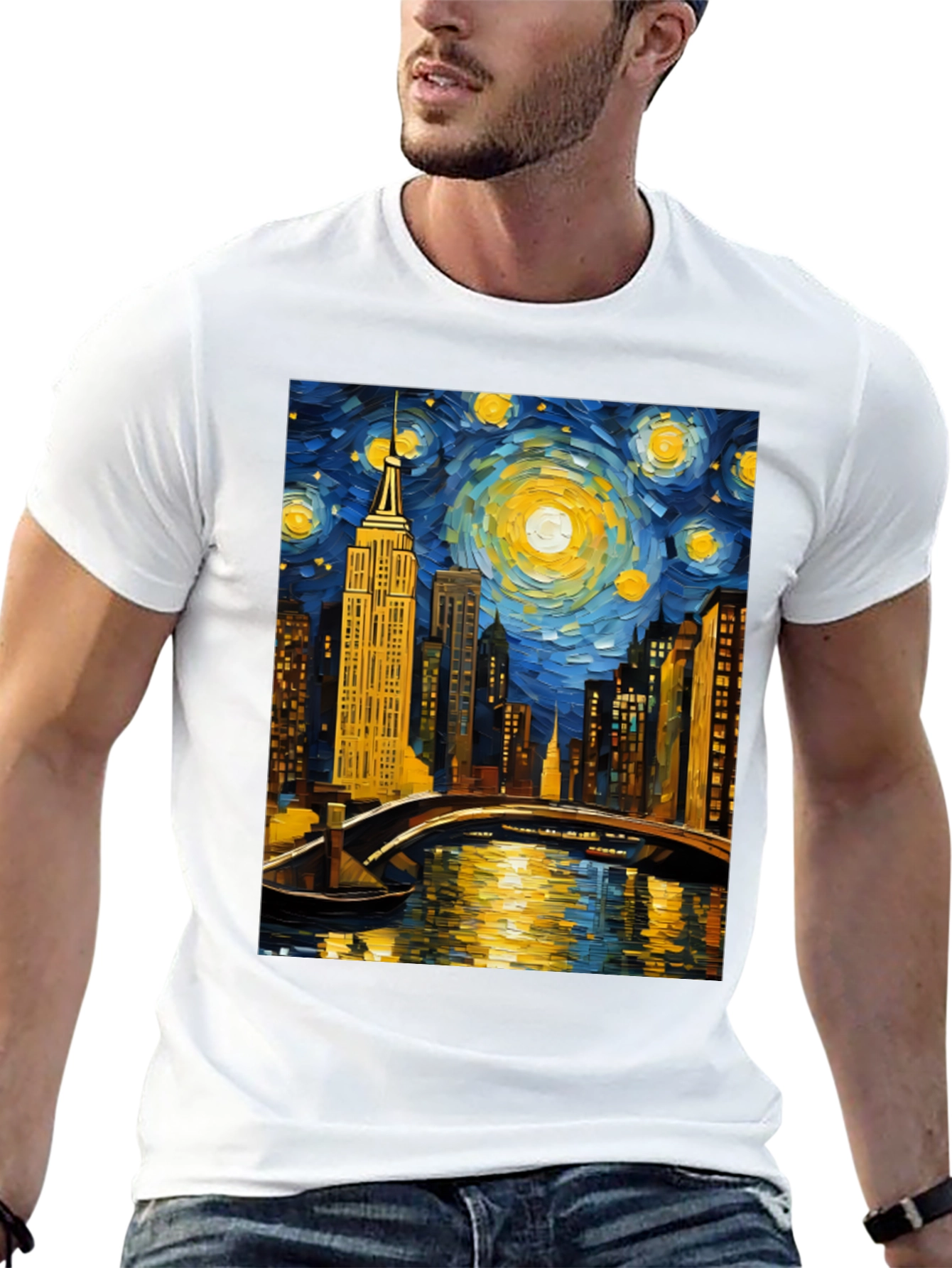 Starry Night Cityscape Tee - Artistic Graphic T-Shirt