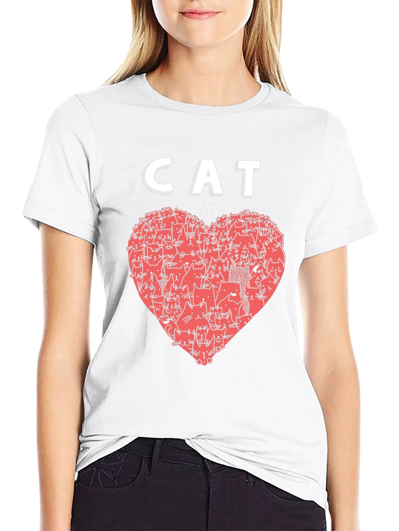 Cat Love Heart Graphic T-Shirt - Black