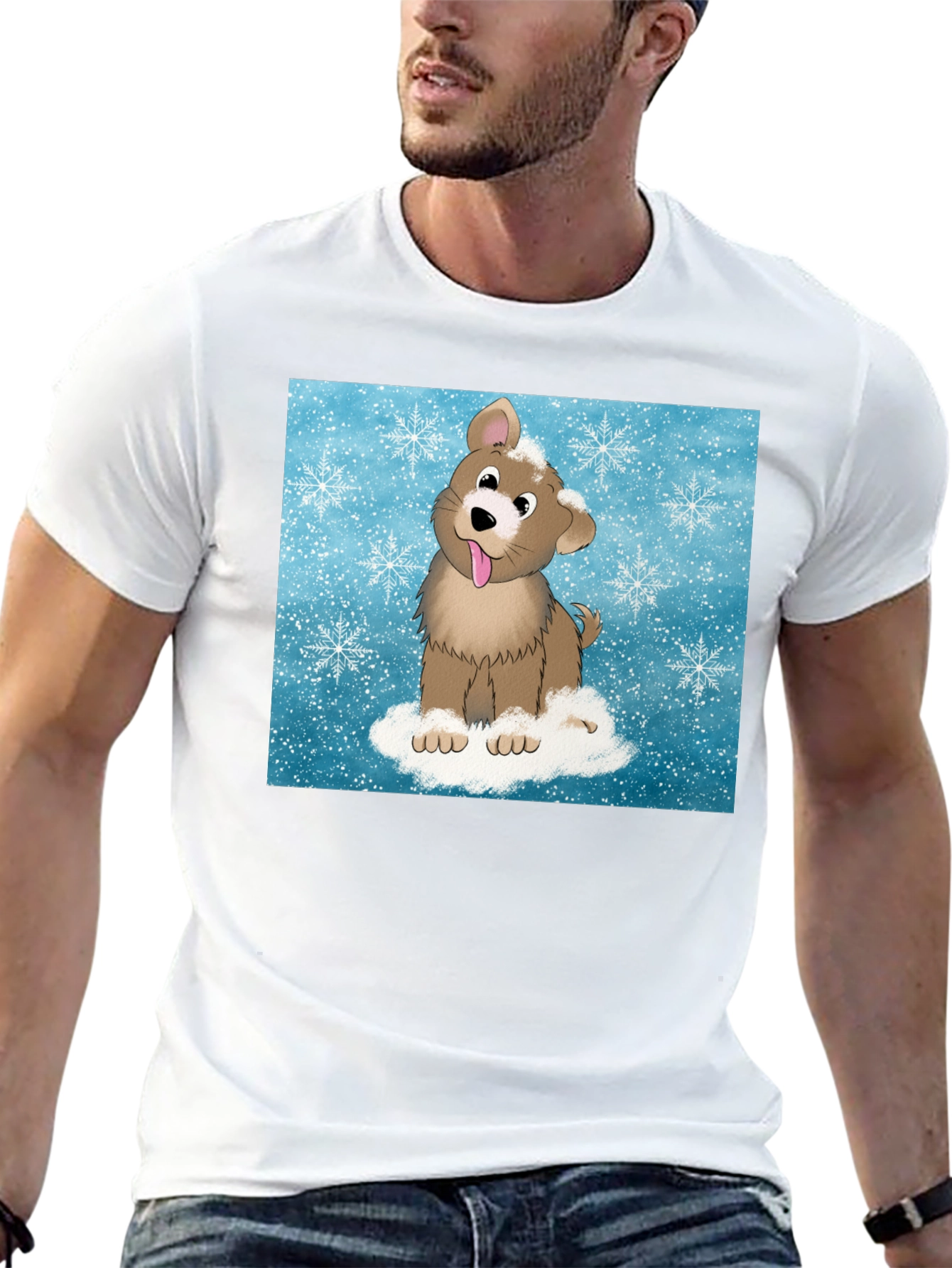Cute Cartoon Dog in Snow Graphic T-Shirt