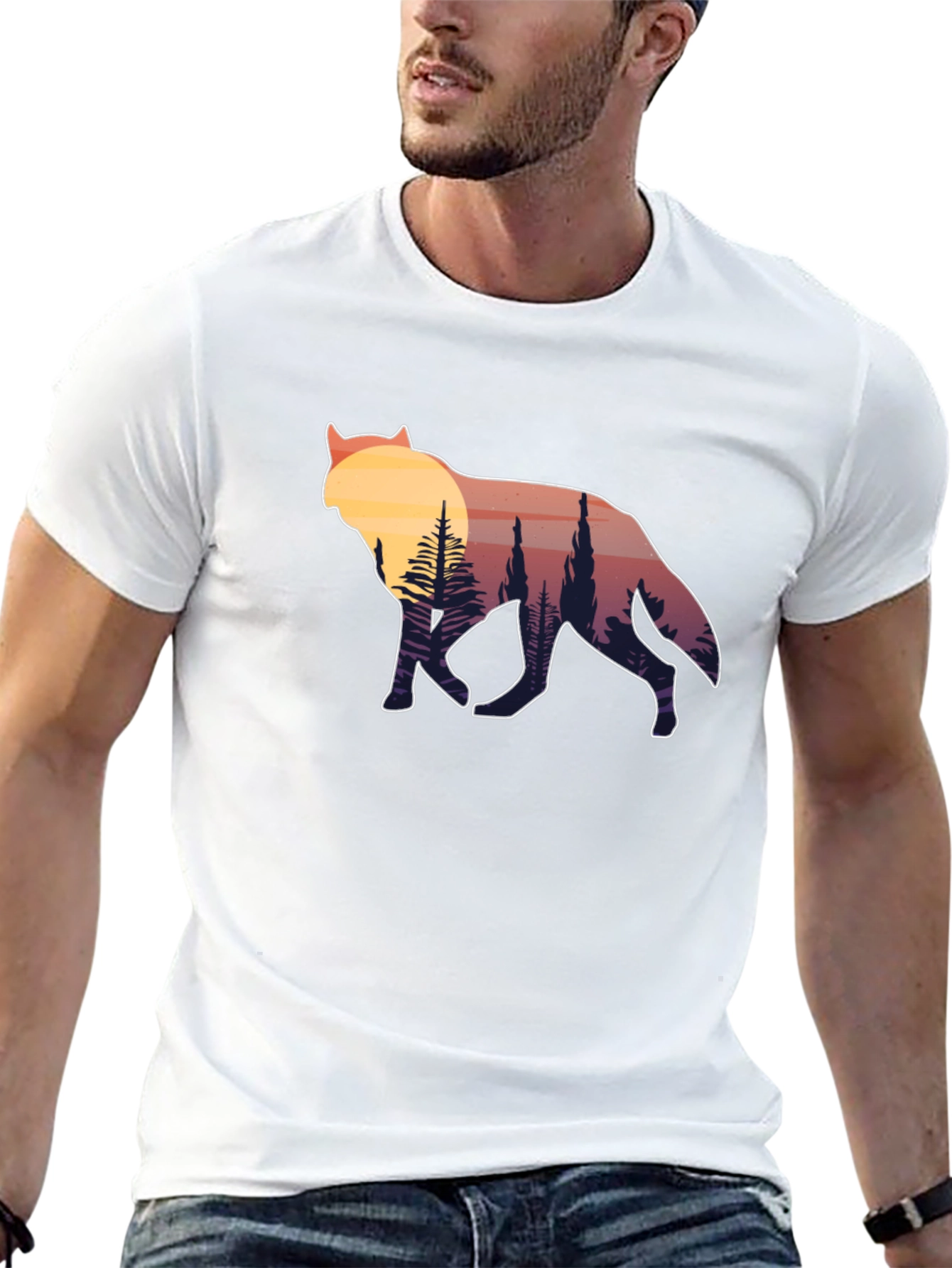 Wolf Silhouette Graphic Tee - Sunset Forest Design