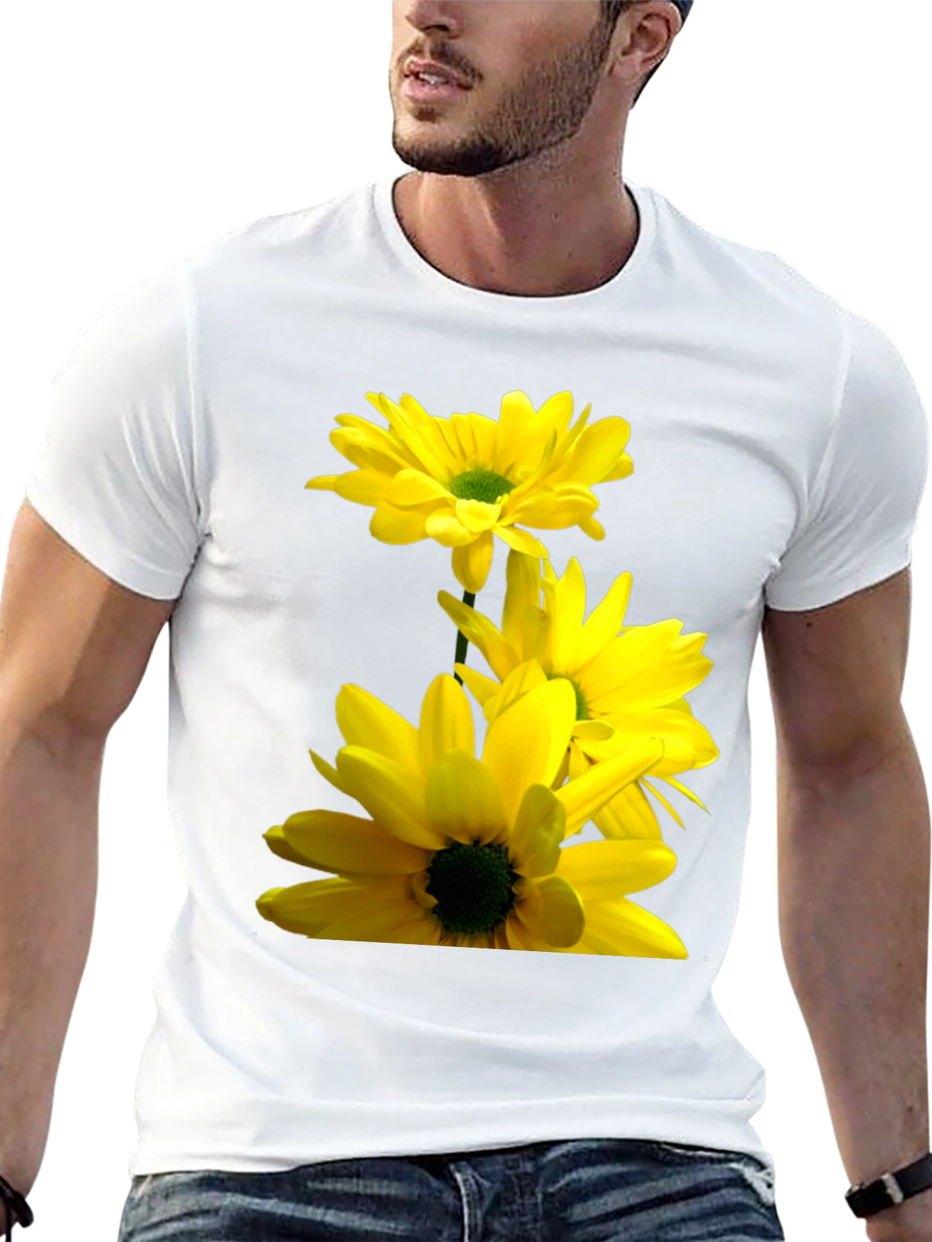 Black T-Shirt with Yellow Daisy Flower Print