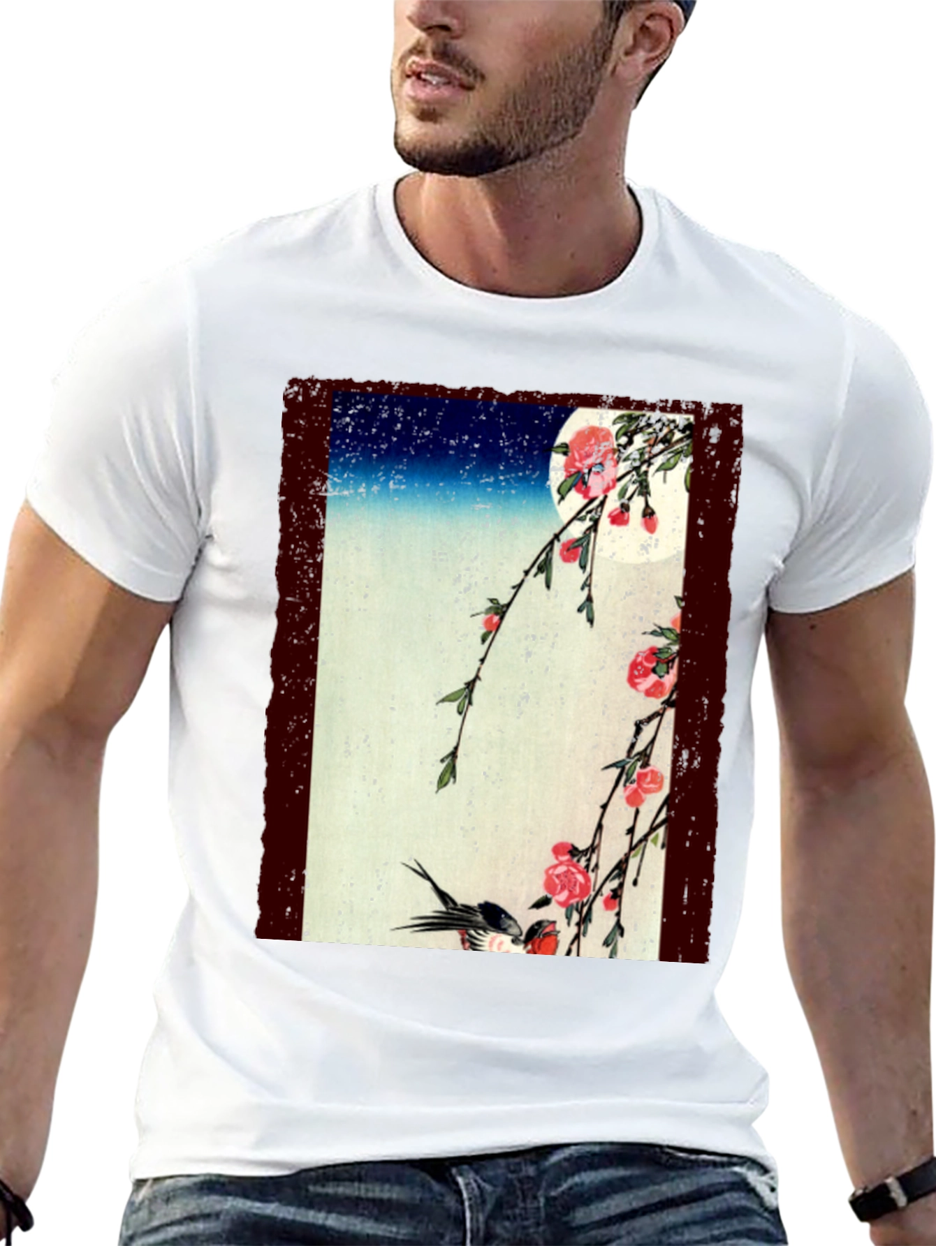 Japanese Art T-Shirt: Moonlit Cherry Blossoms & Bird