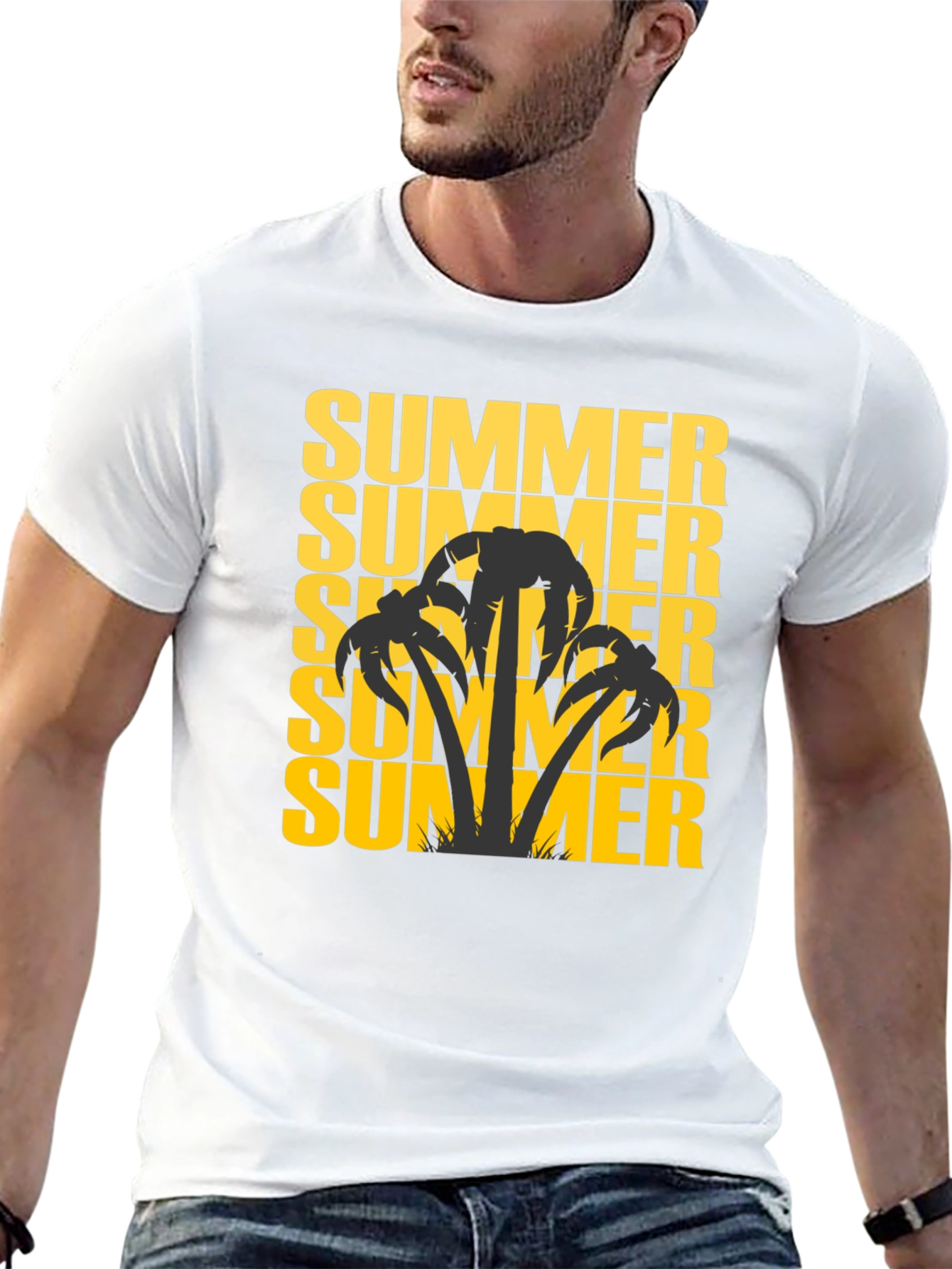 Summer Palm Tree Graphic Tee - Black Cotton T-Shirt