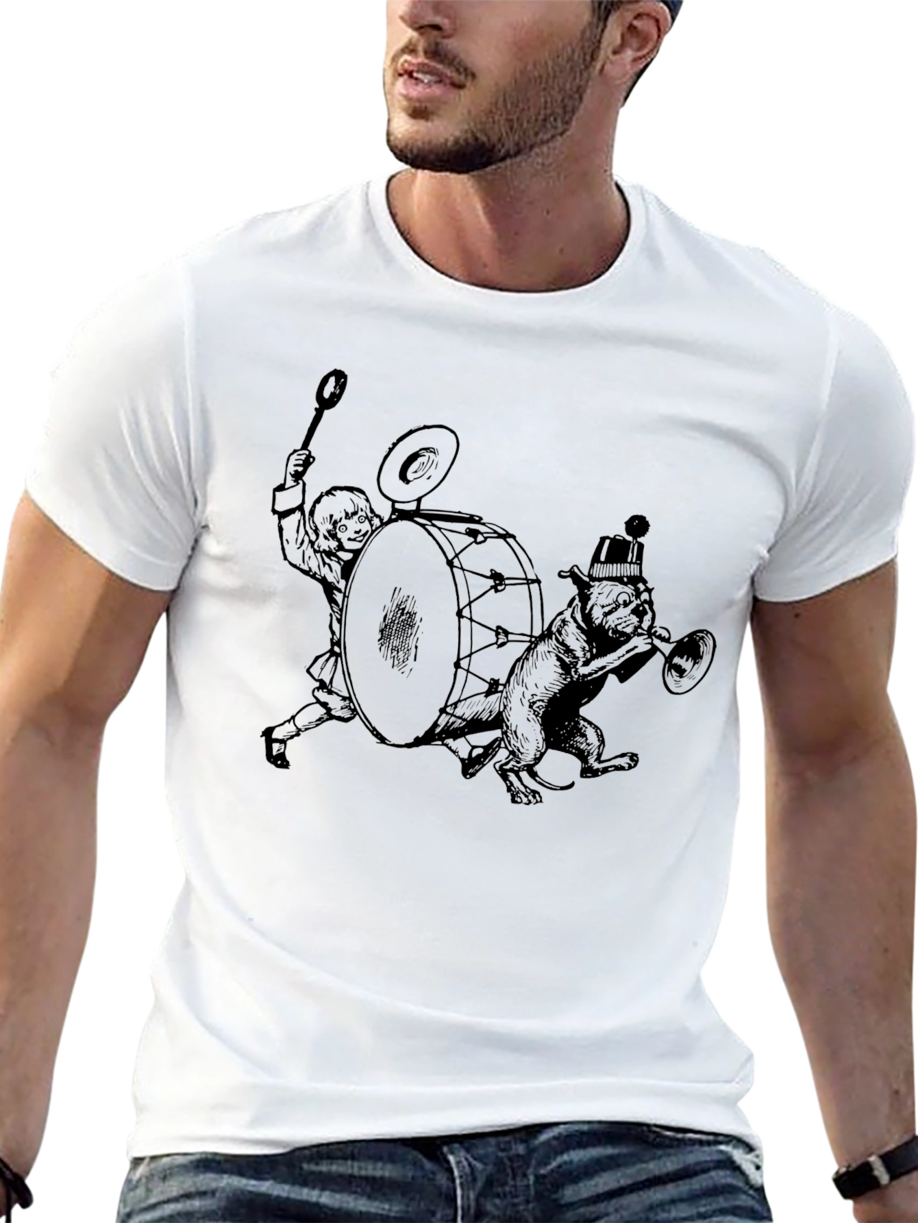 Novelty Drummer Dog Graphic T-Shirt