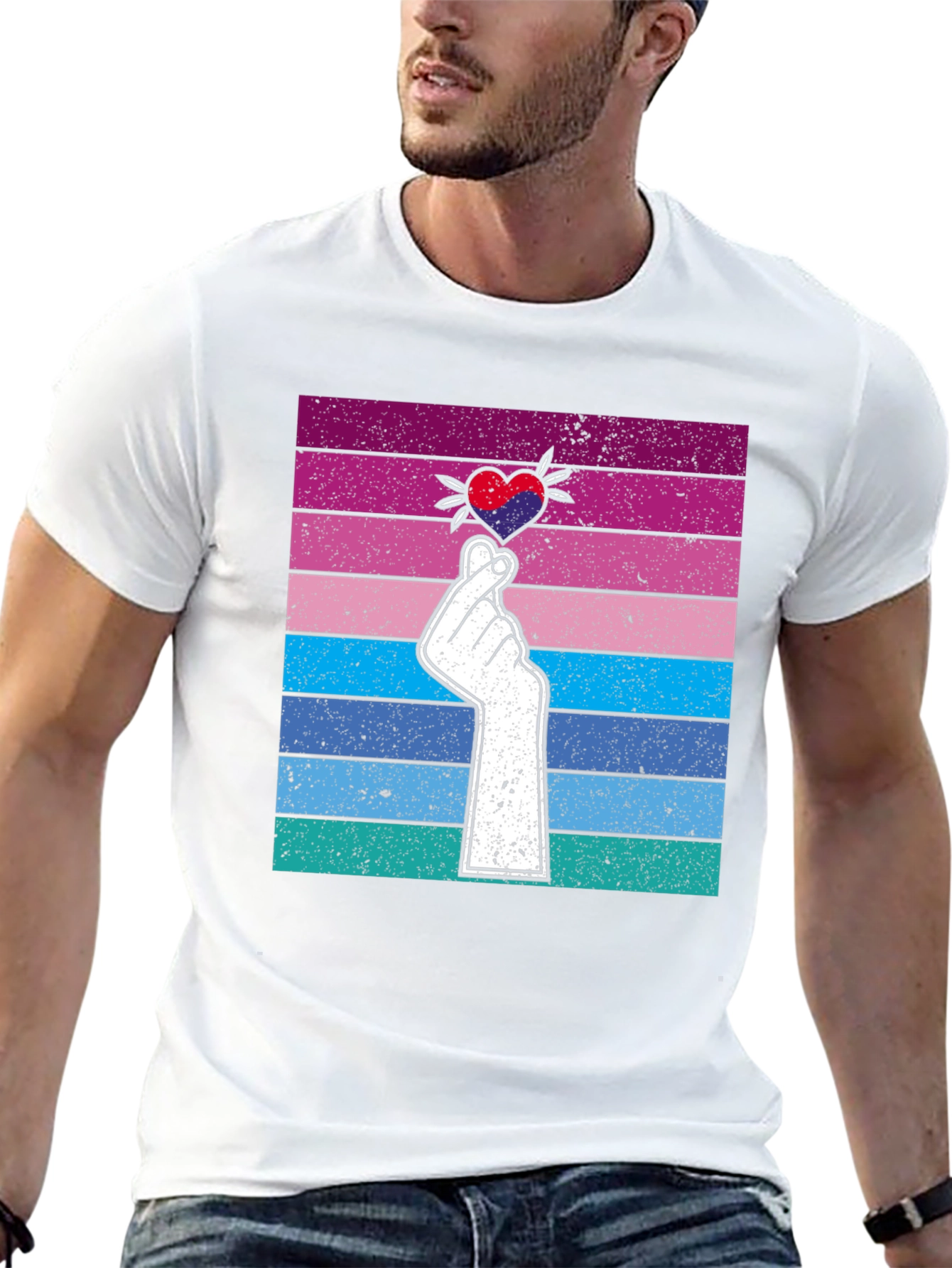 Korean Finger Heart T-Shirt - Retro Striped Design